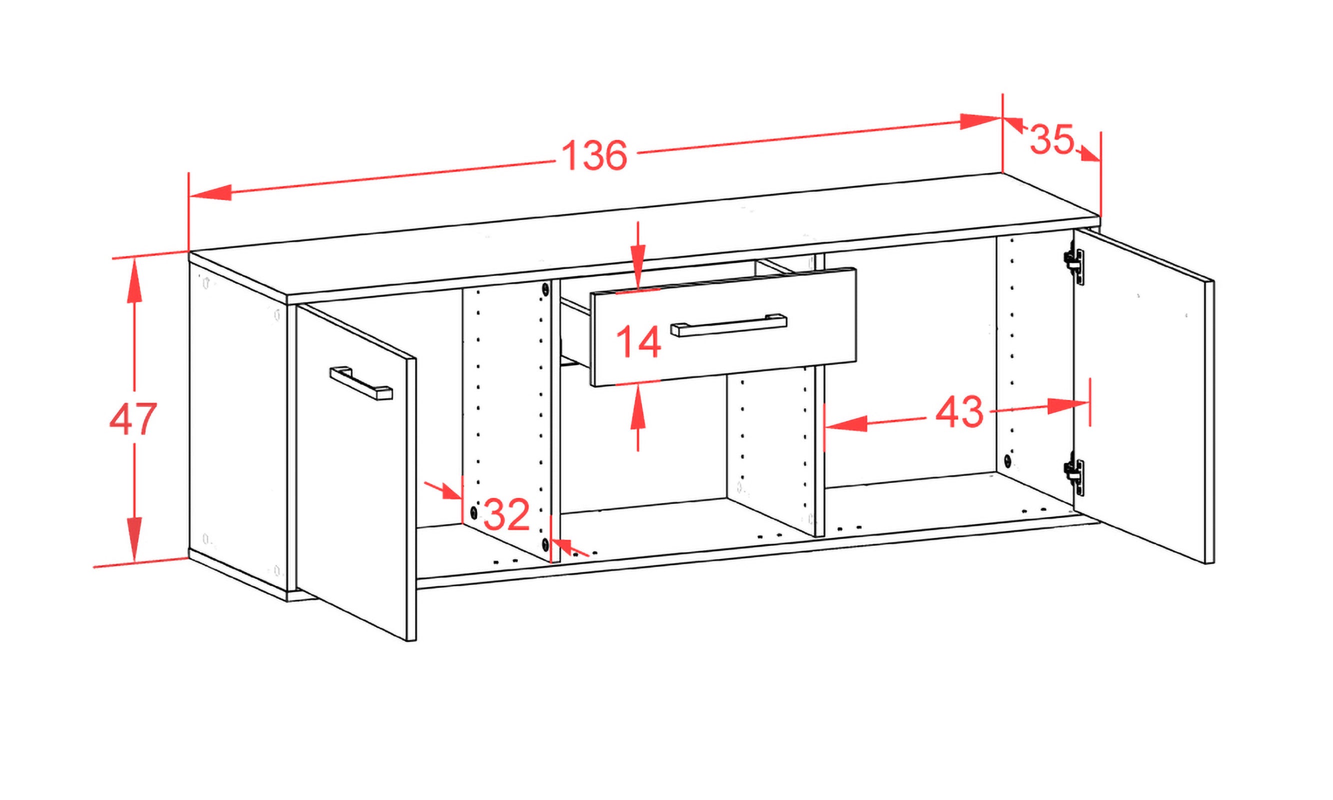 Lowboard - Anella - Design Farbakzent - Wandmontage mit Griffe 136 cm Anthrazit