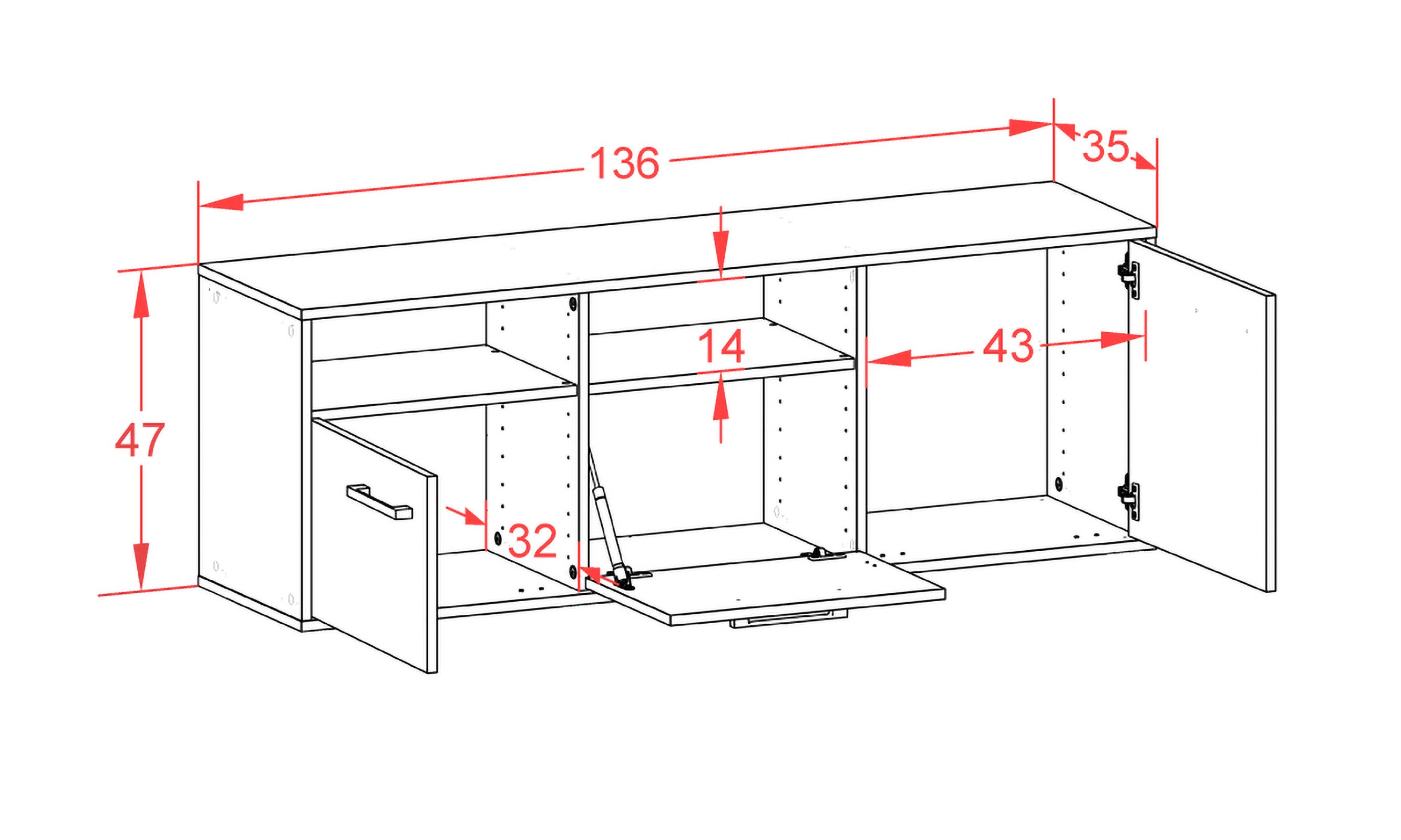 Lowboard - Anina - Design Farbakzent - Wandmontage mit Griffe 136 cm Anthrazit