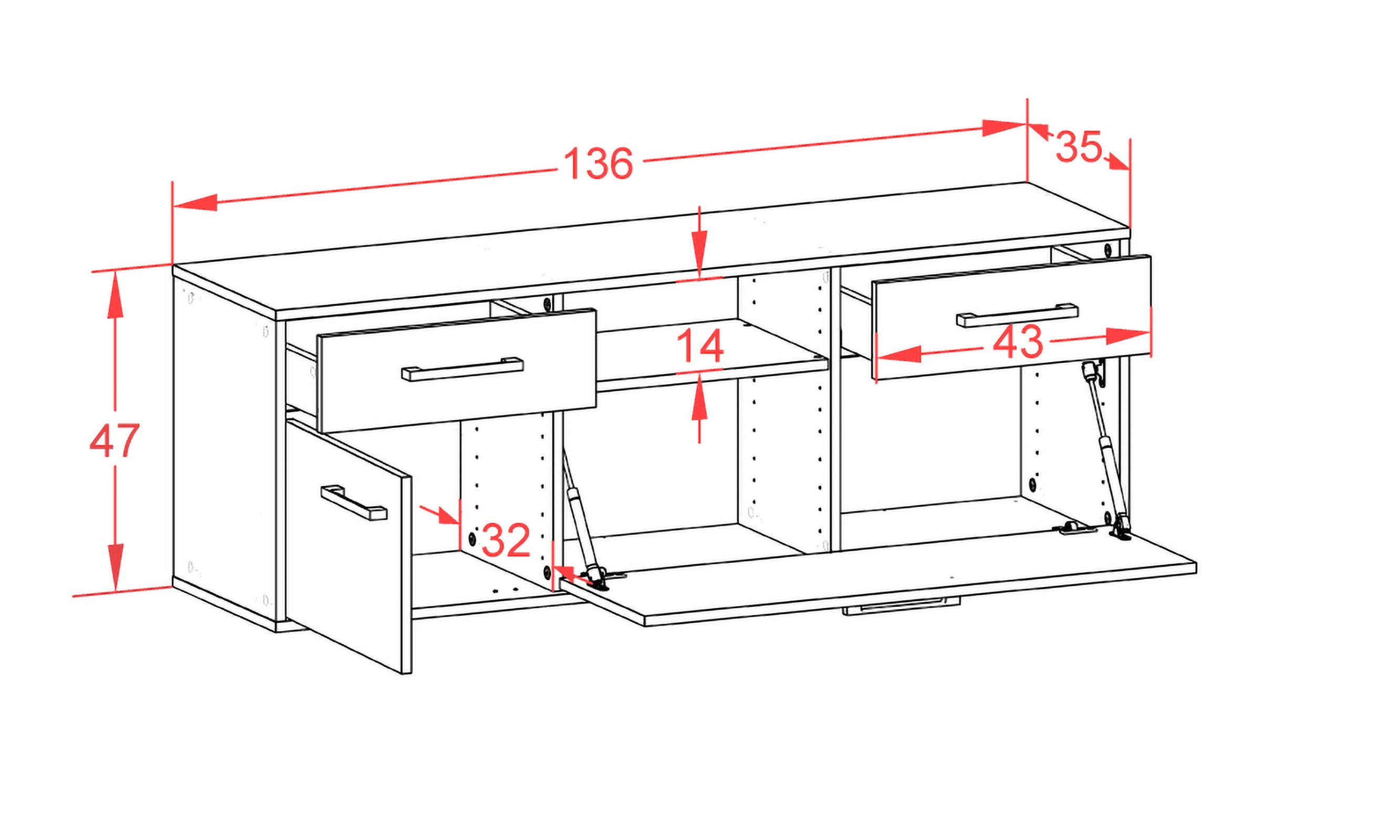 Lowboard - Anita - Design Farbakzent - Wandmontage mit Griffe 136 cm Anthrazit