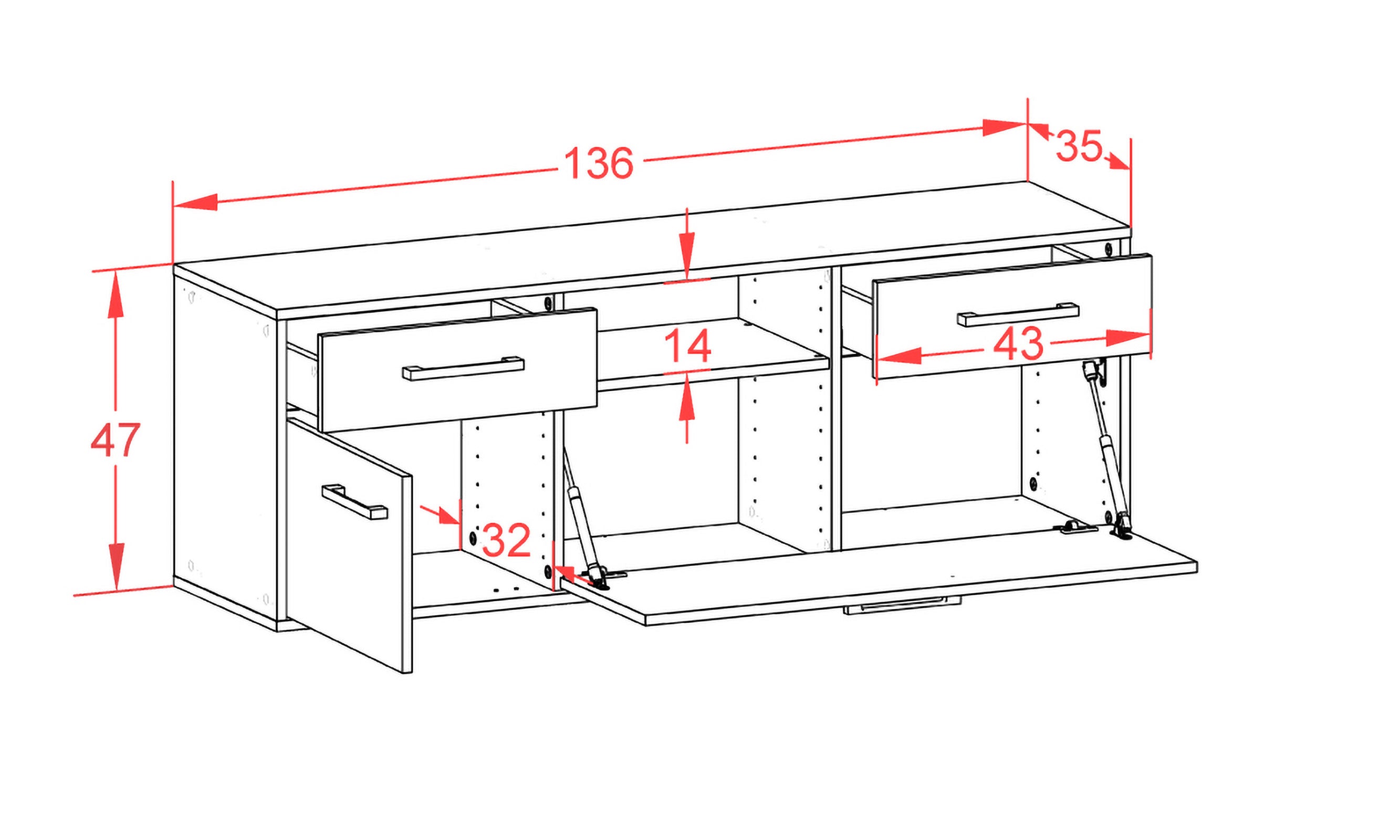 Lowboard - Anjelika - Design Holzdekor - Wandmontage mit Griffe 136 cm Anthrazit