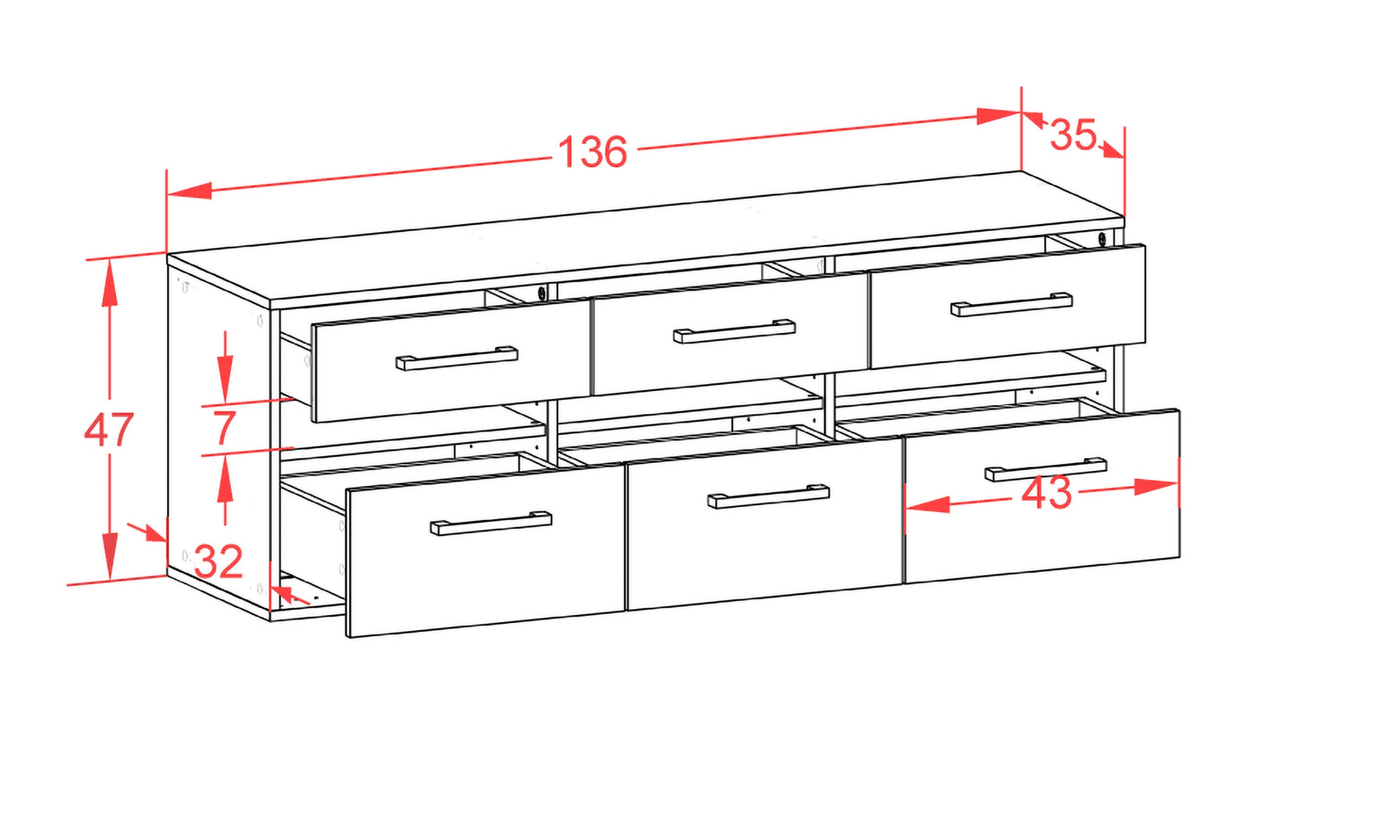 Lowboard - Annalena - Design Hochglanz - Wandmontage mit Griffe 136 cm Anthrazit