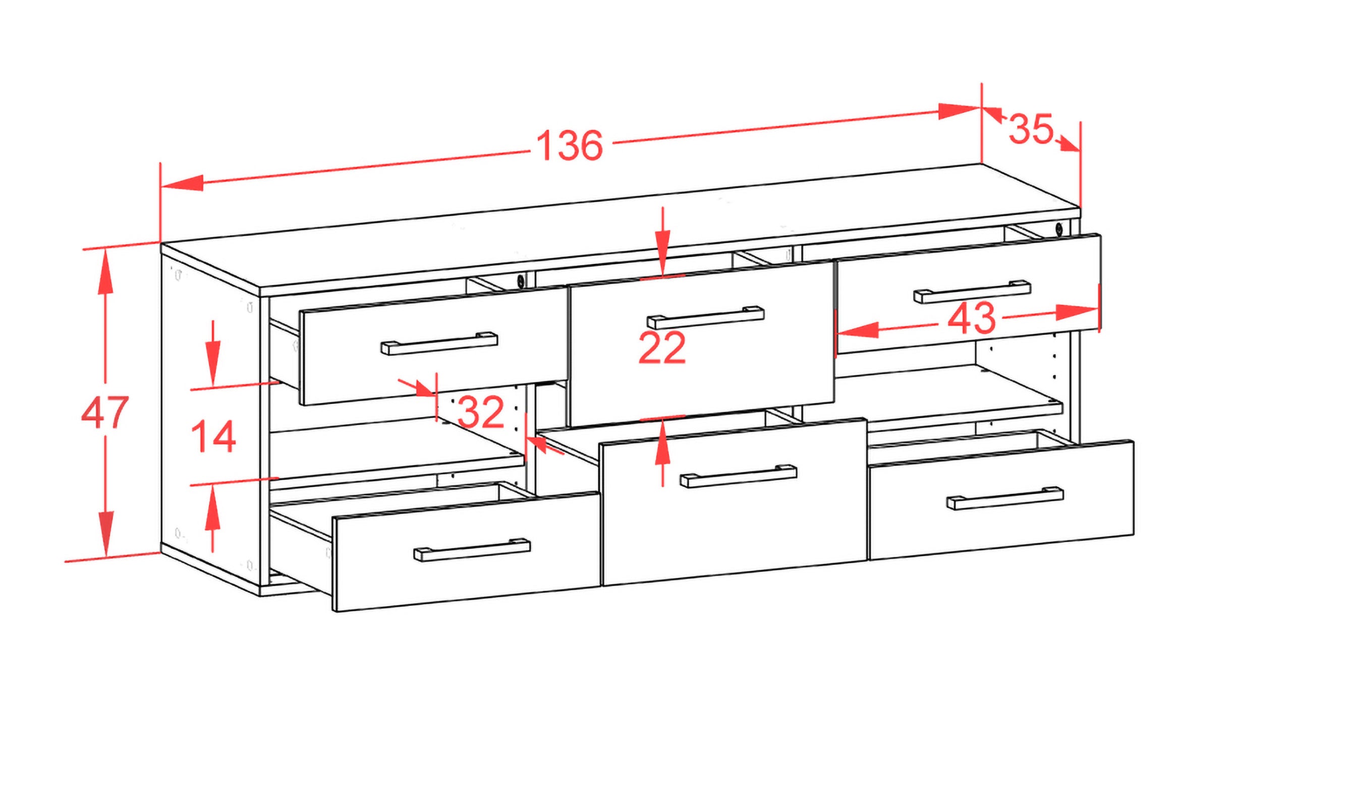 Lowboard - Anni - Design Holzdekor - Wandmontage mit Griffe 136 cm Anthrazit