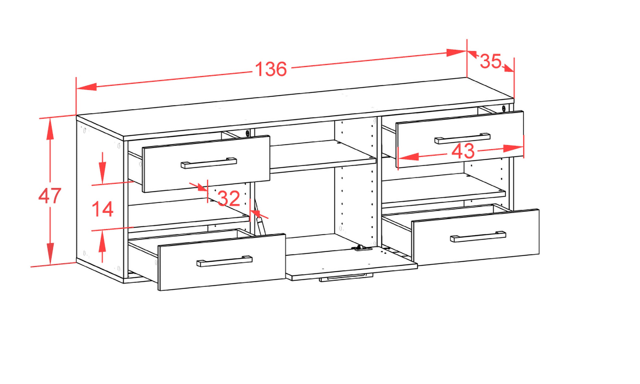Lowboard - Annina - Design Holzdekor - Wandmontage mit Griffe 136 cm Anthrazit