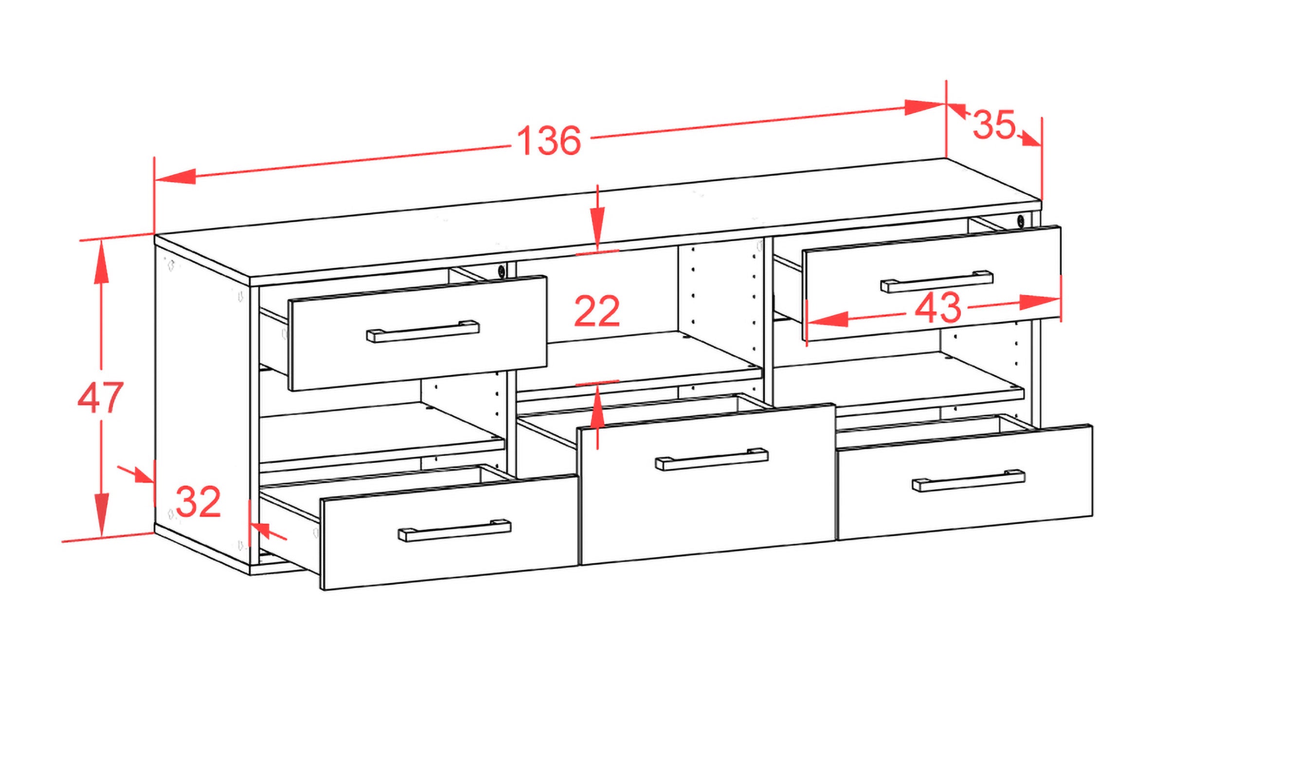 Lowboard - Annunziata - Design Farbakzent - Wandmontage mit Griffe 136 cm Anthrazit