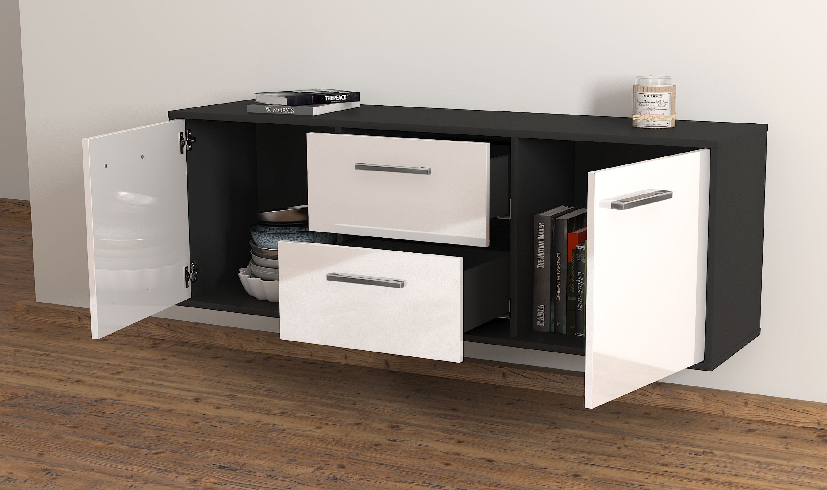 Lowboard - Alma - Design Hochglanz - Wandmontage mit Griffe 136 cm Anthrazit