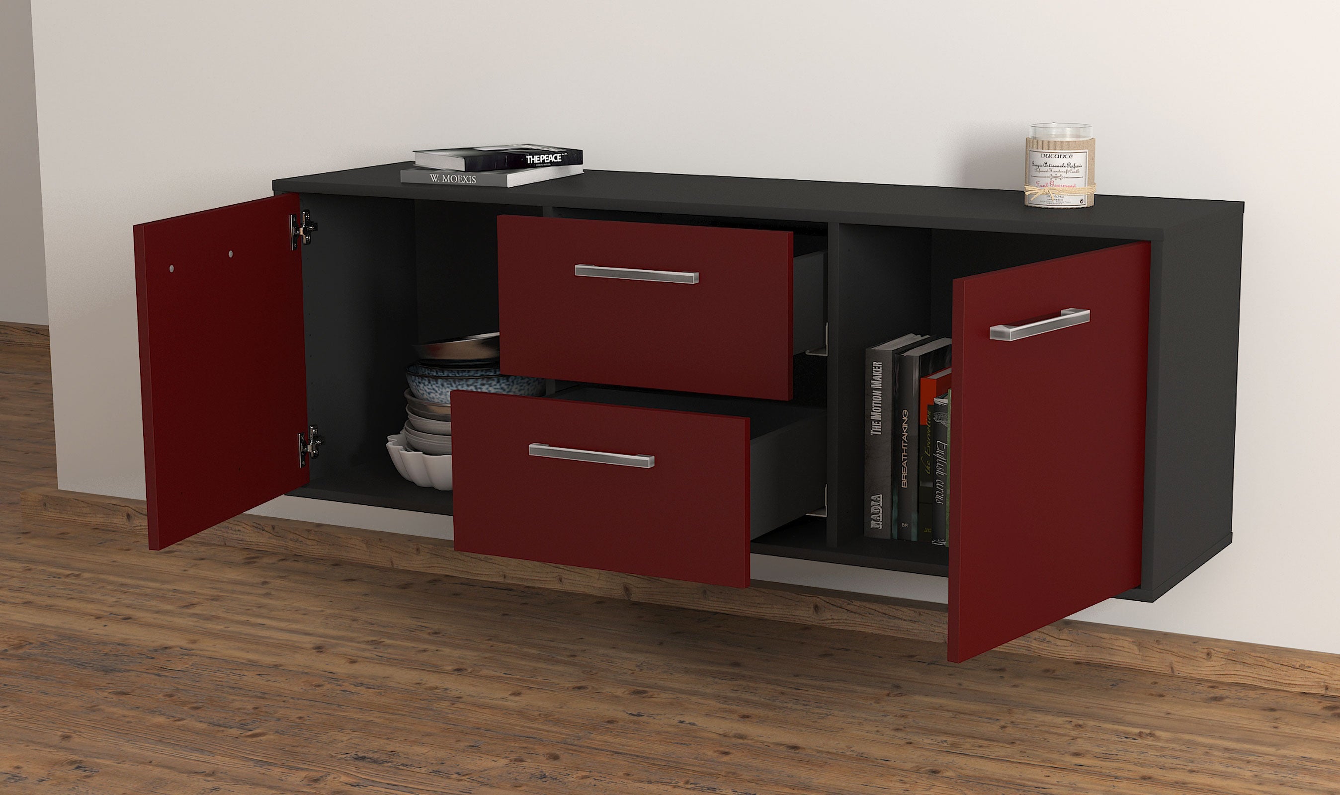 Lowboard - Alma - Design Farbakzent - Wandmontage mit Griffe 136 cm Anthrazit