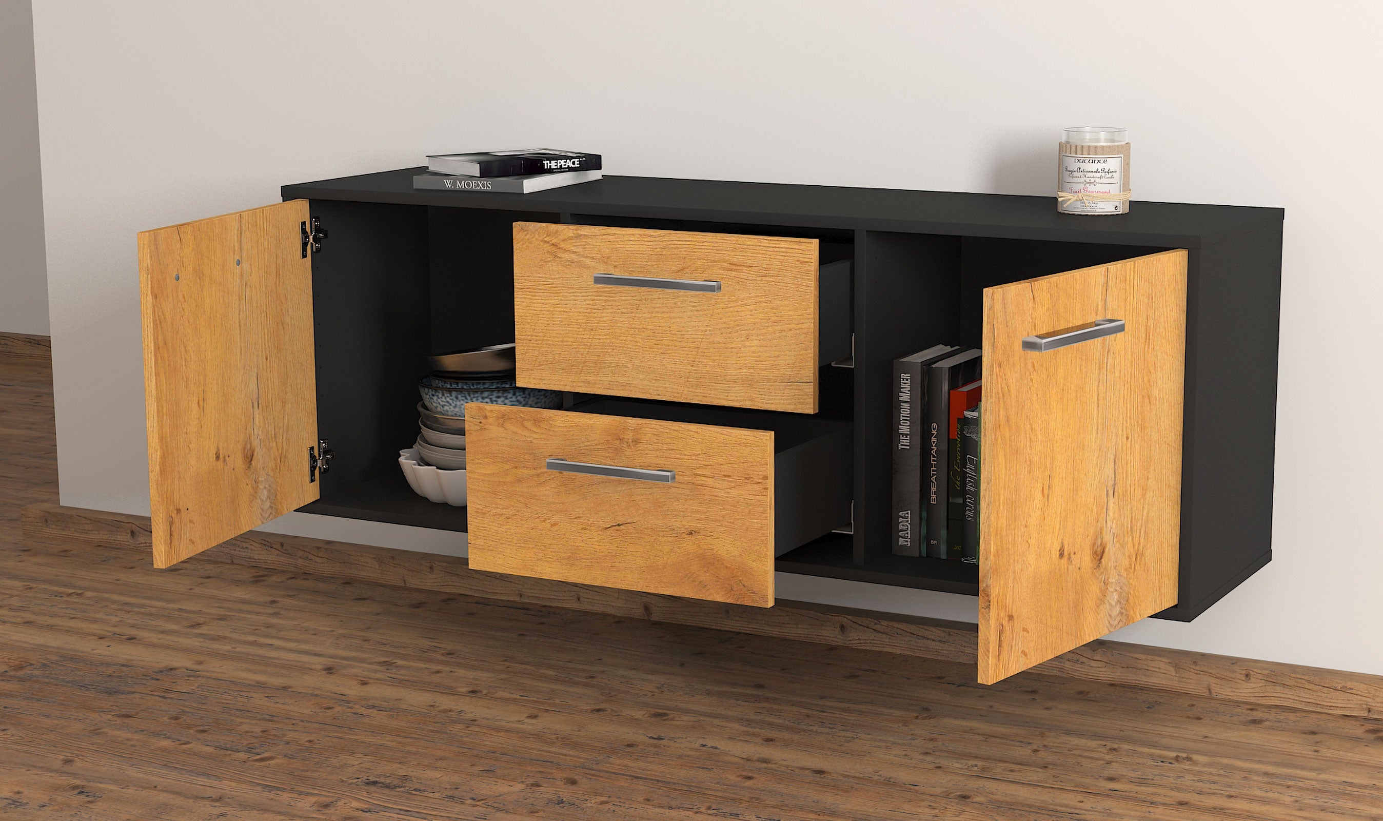 Lowboard - Alma - Design Holzdekor - Wandmontage mit Griffe 136 cm Anthrazit