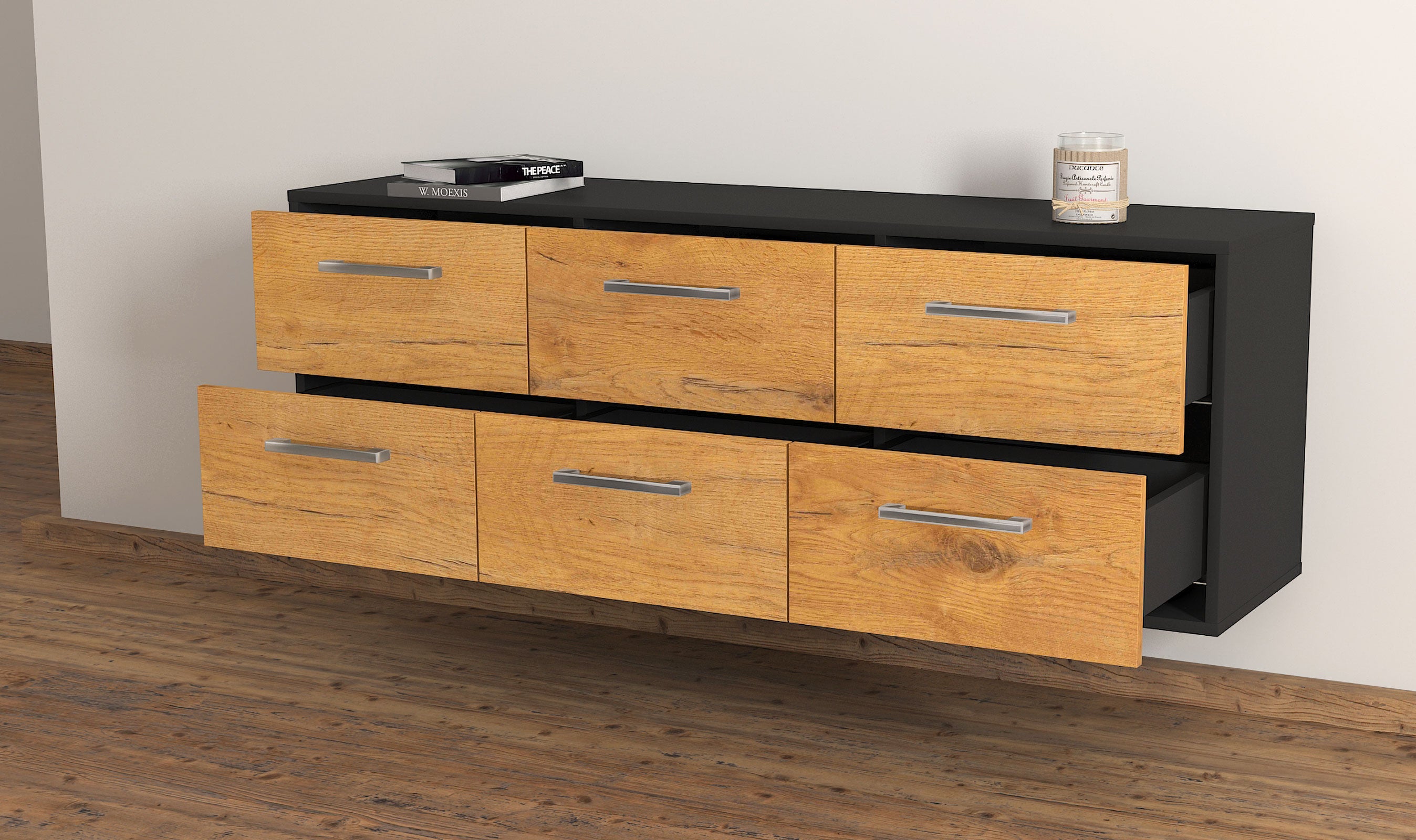 Lowboard - Alva - Design Holzdekor - Wandmontage mit Griffe 136 cm Anthrazit