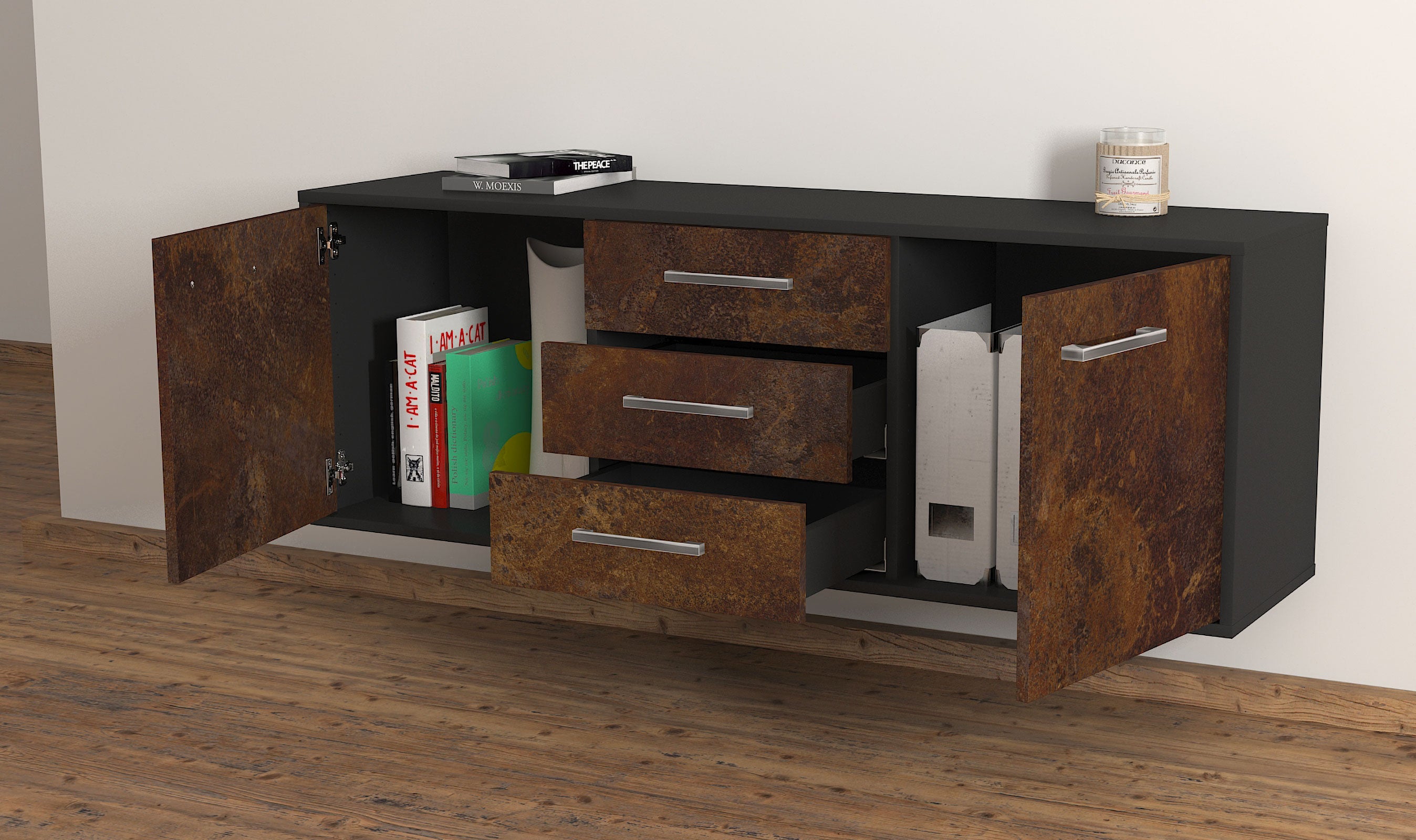 Lowboard - Ameline - Design Industrie Stil - Wandmontage mit Griffe 136 cm Anthrazit