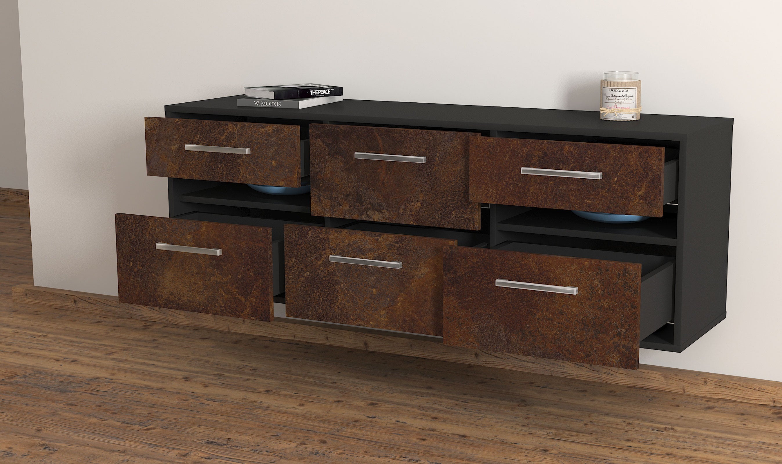 Lowboard - Andrea - Design Industrie Stil - Wandmontage mit Griffe 136 cm Anthrazit