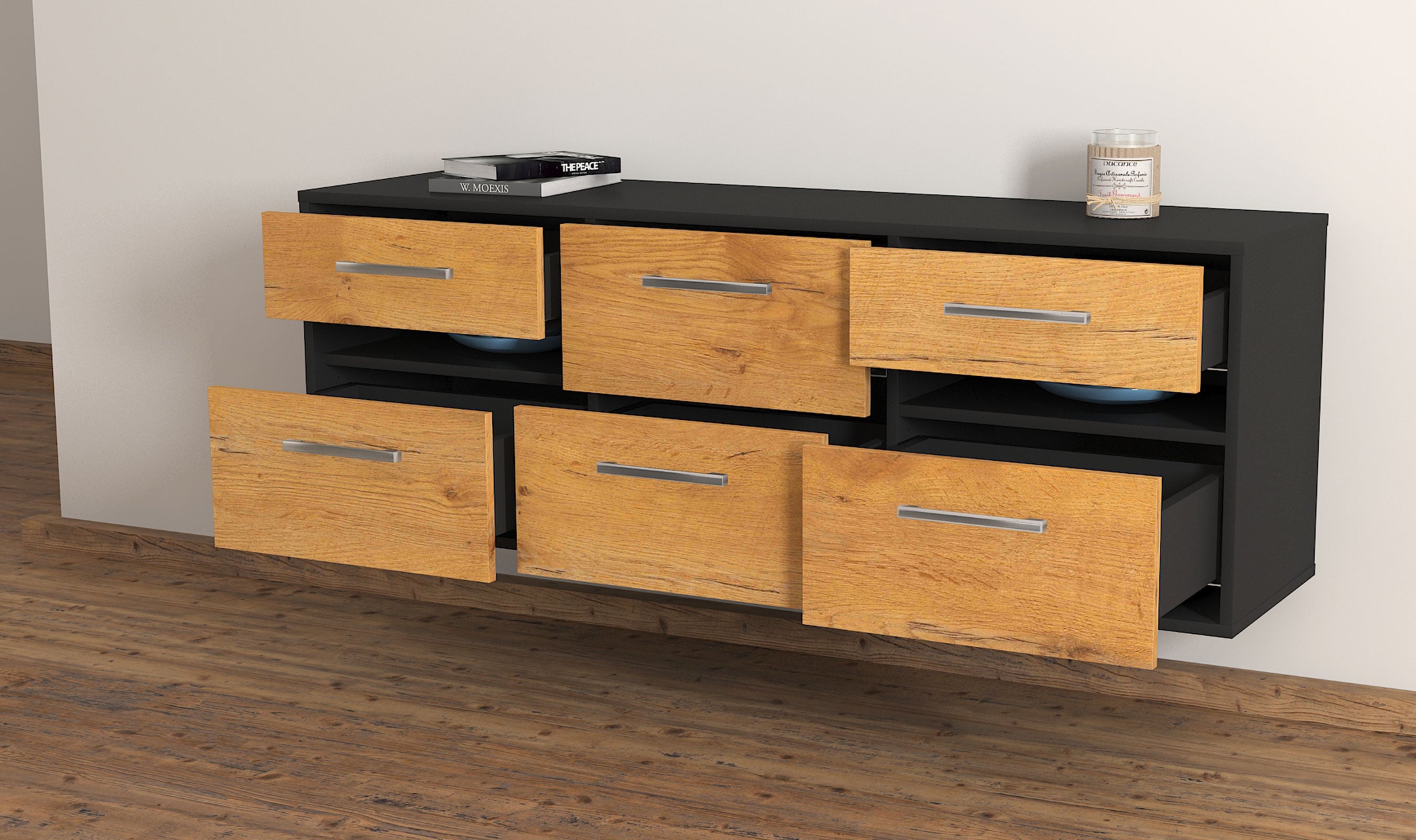 Lowboard - Andrea - Design Holzdekor - Wandmontage mit Griffe 136 cm Anthrazit