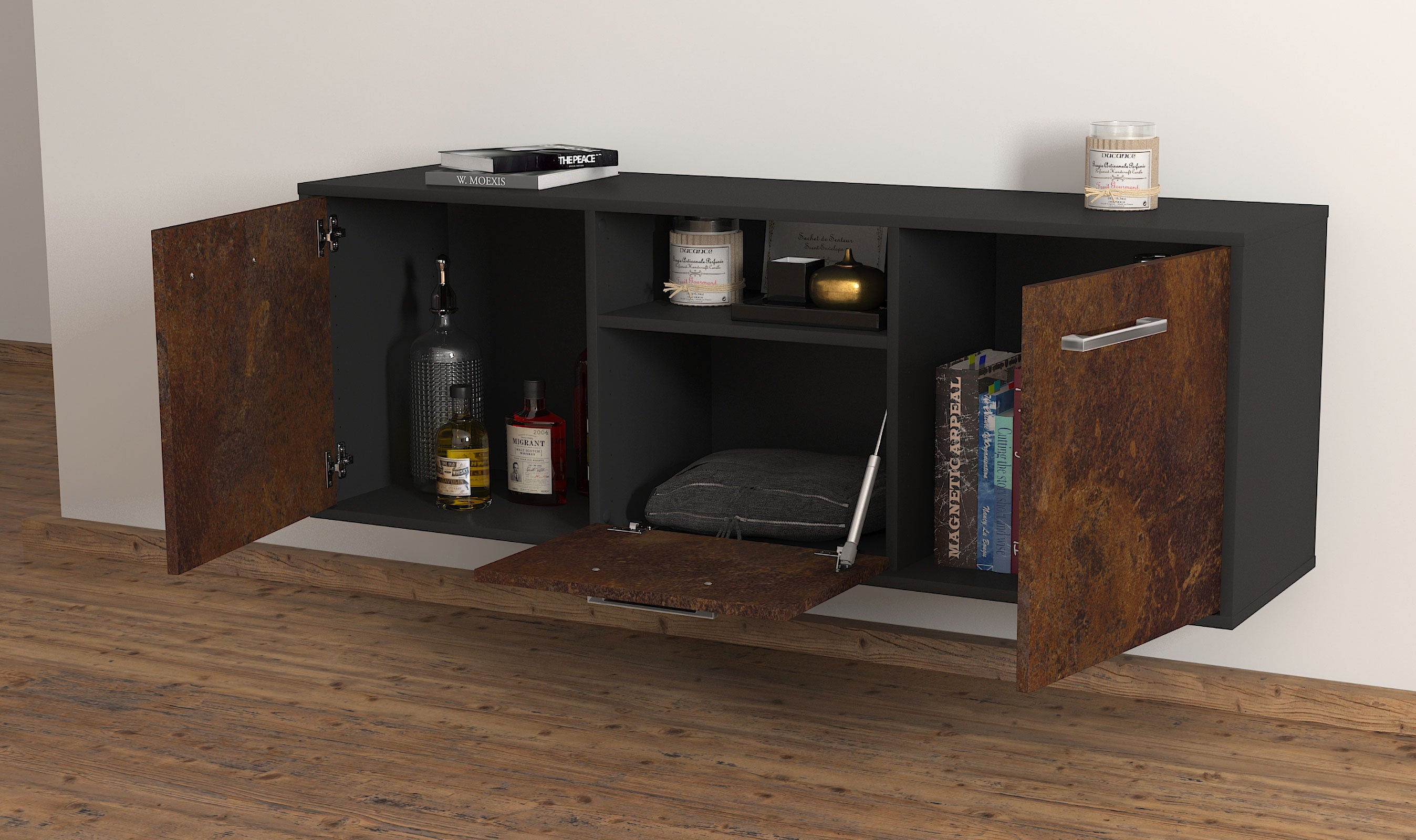Lowboard - Andreana - Design Industrie Stil - Wandmontage mit Griffe 136 cm Anthrazit