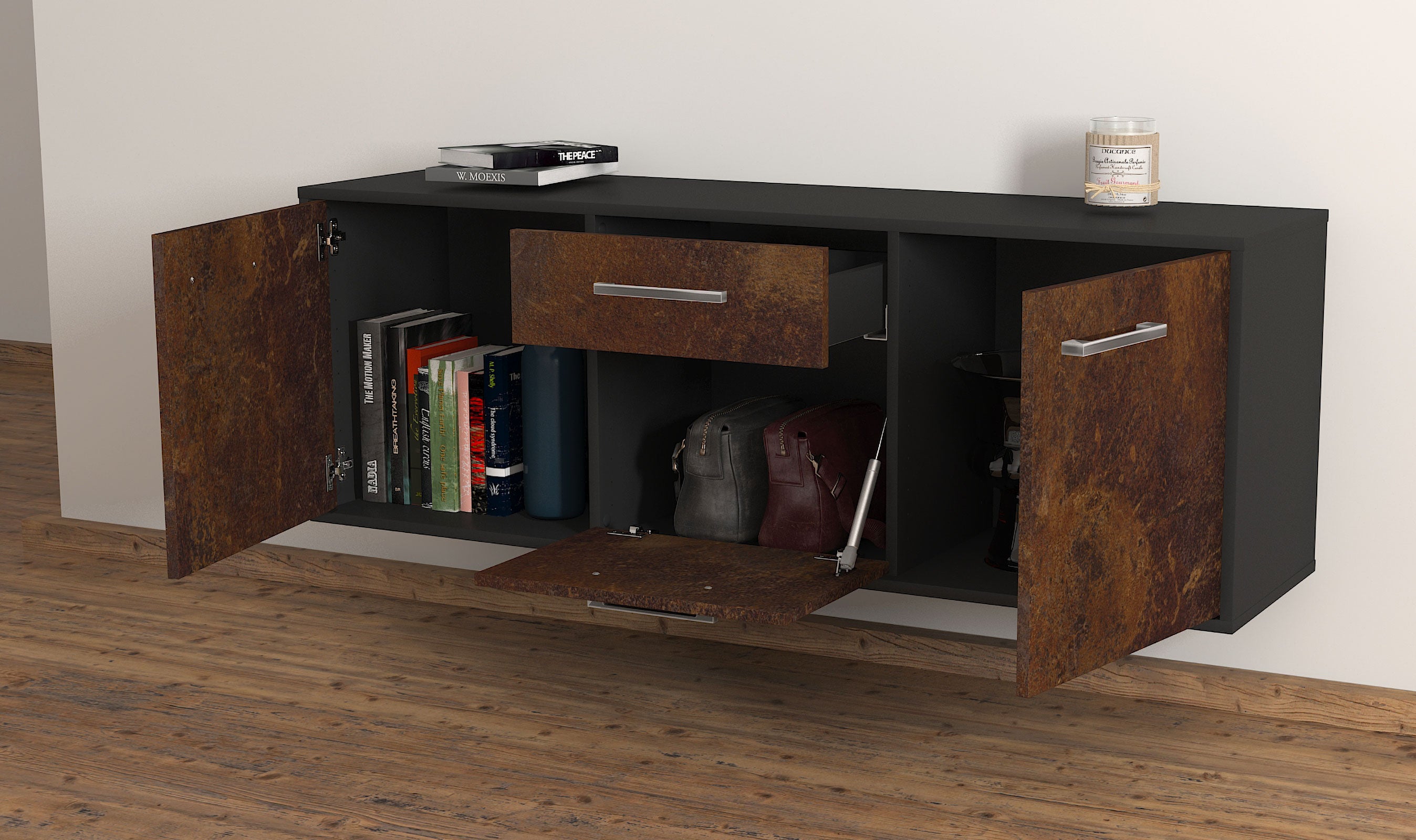 Lowboard - Anella - Design Industrie Stil - Wandmontage mit Griffe 136 cm Anthrazit