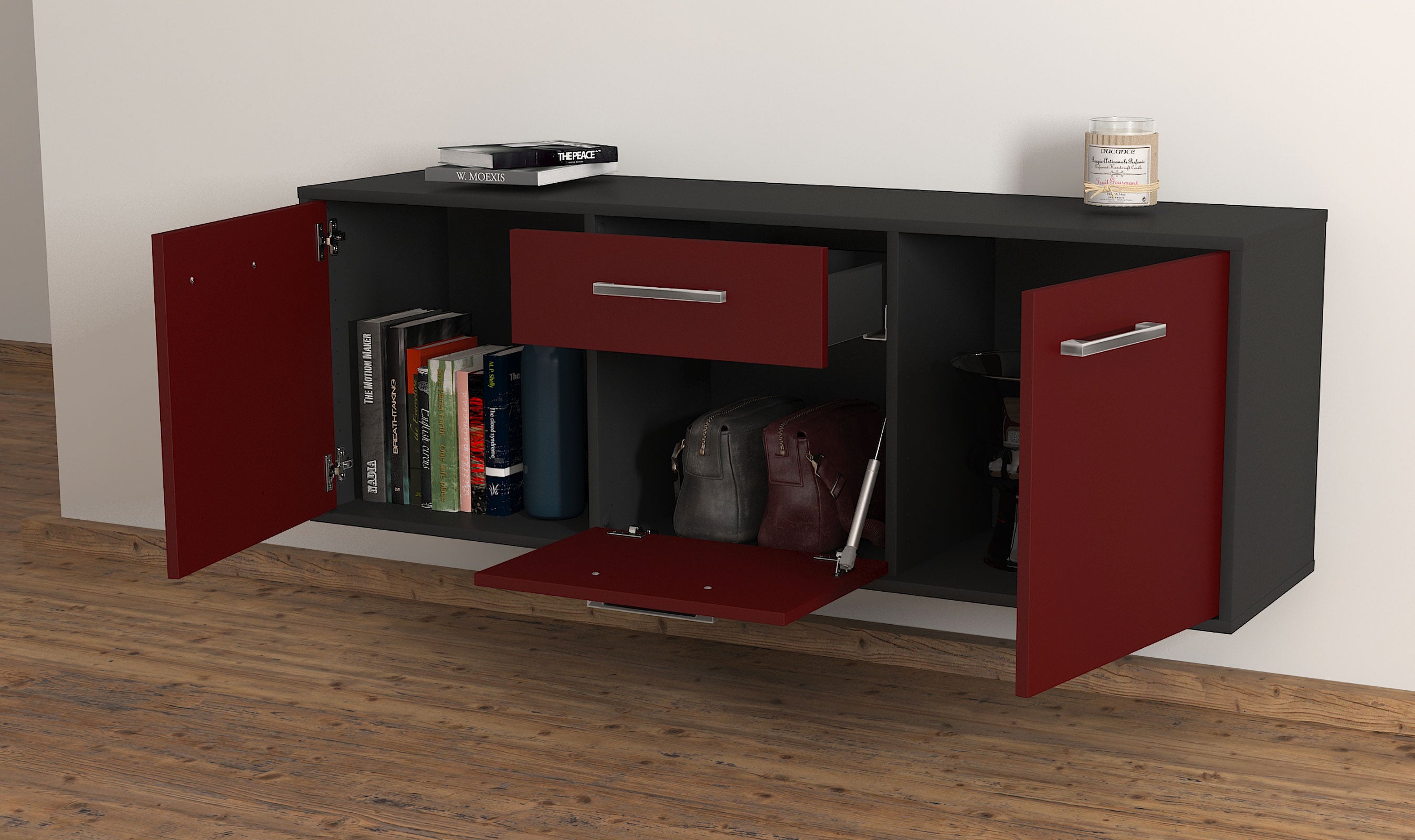 Lowboard - Anella - Design Farbakzent - Wandmontage mit Griffe 136 cm Anthrazit