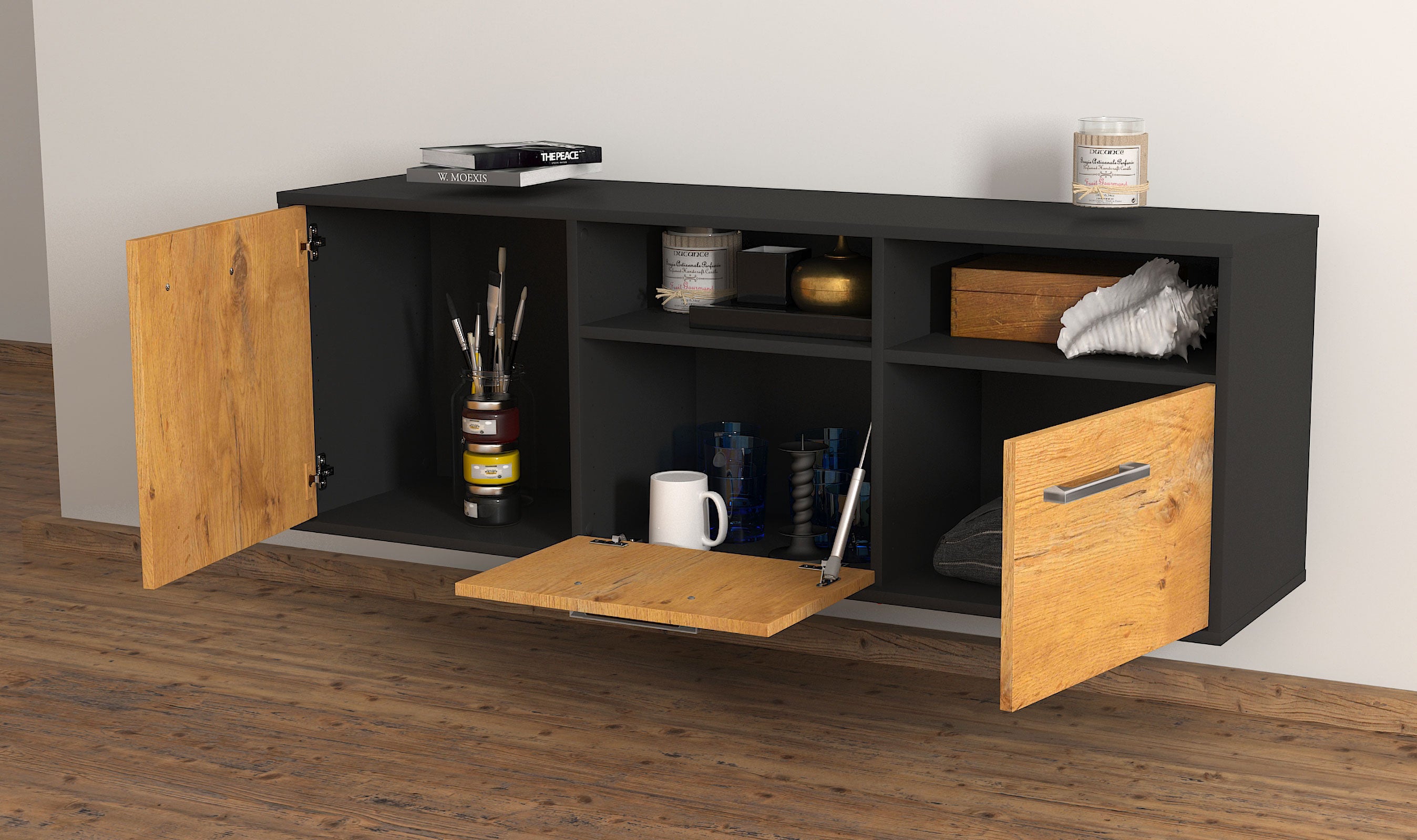 Lowboard - Angelina - Design Holzdekor - Wandmontage mit Griffe 136 cm Anthrazit