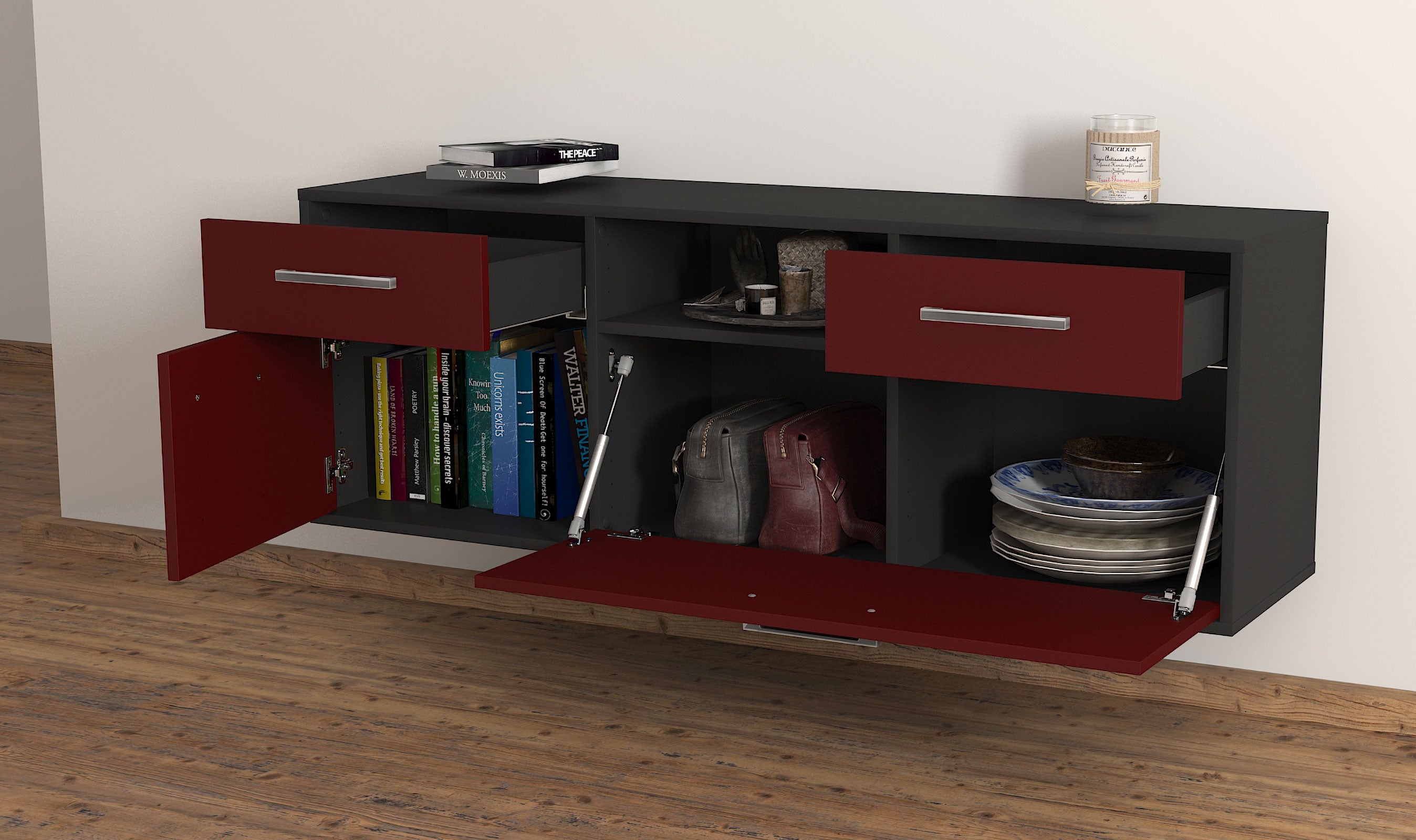 Lowboard - Anita - Design Farbakzent - Wandmontage mit Griffe 136 cm Anthrazit