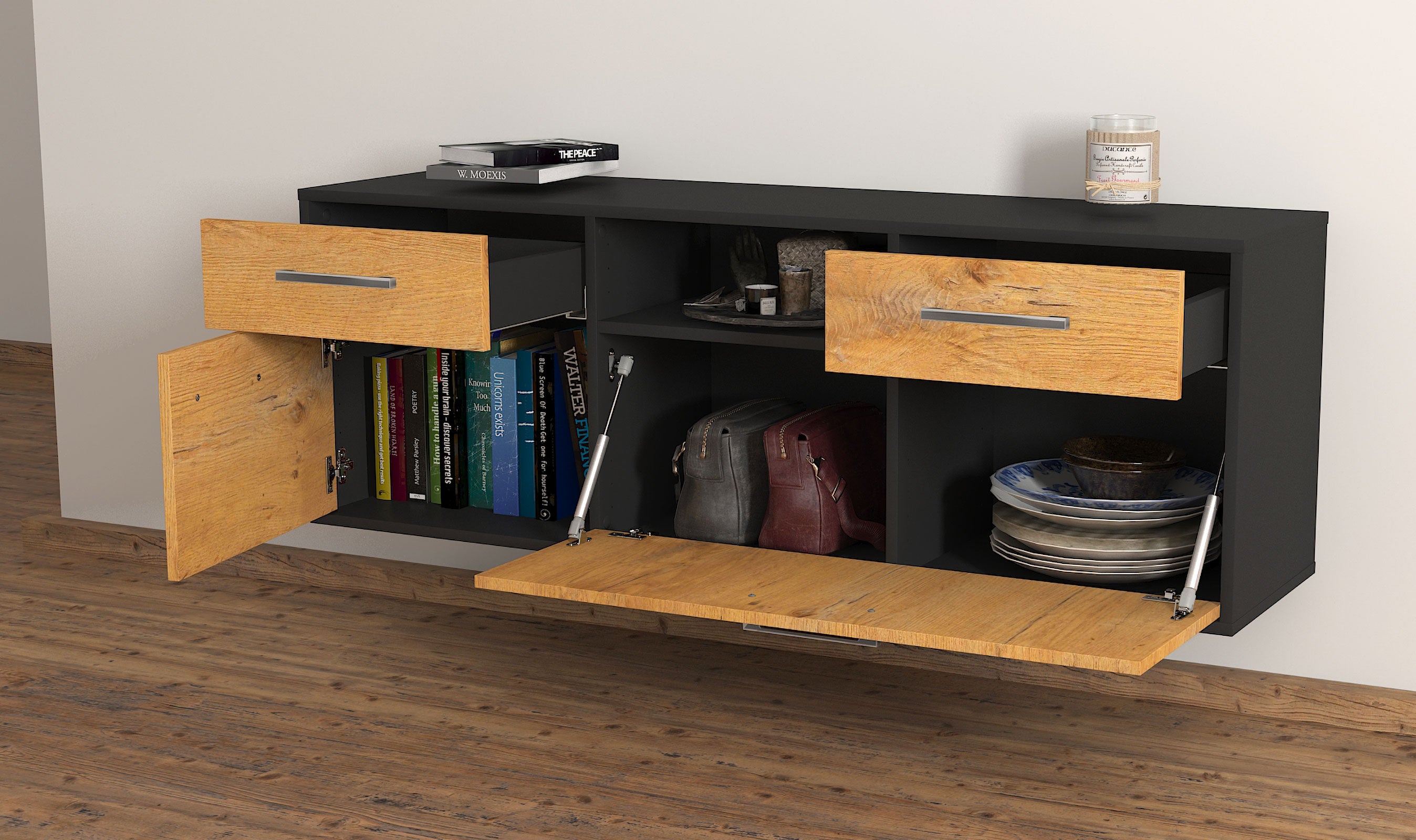 Lowboard - Anita - Design Holzdekor - Wandmontage mit Griffe 136 cm Anthrazit
