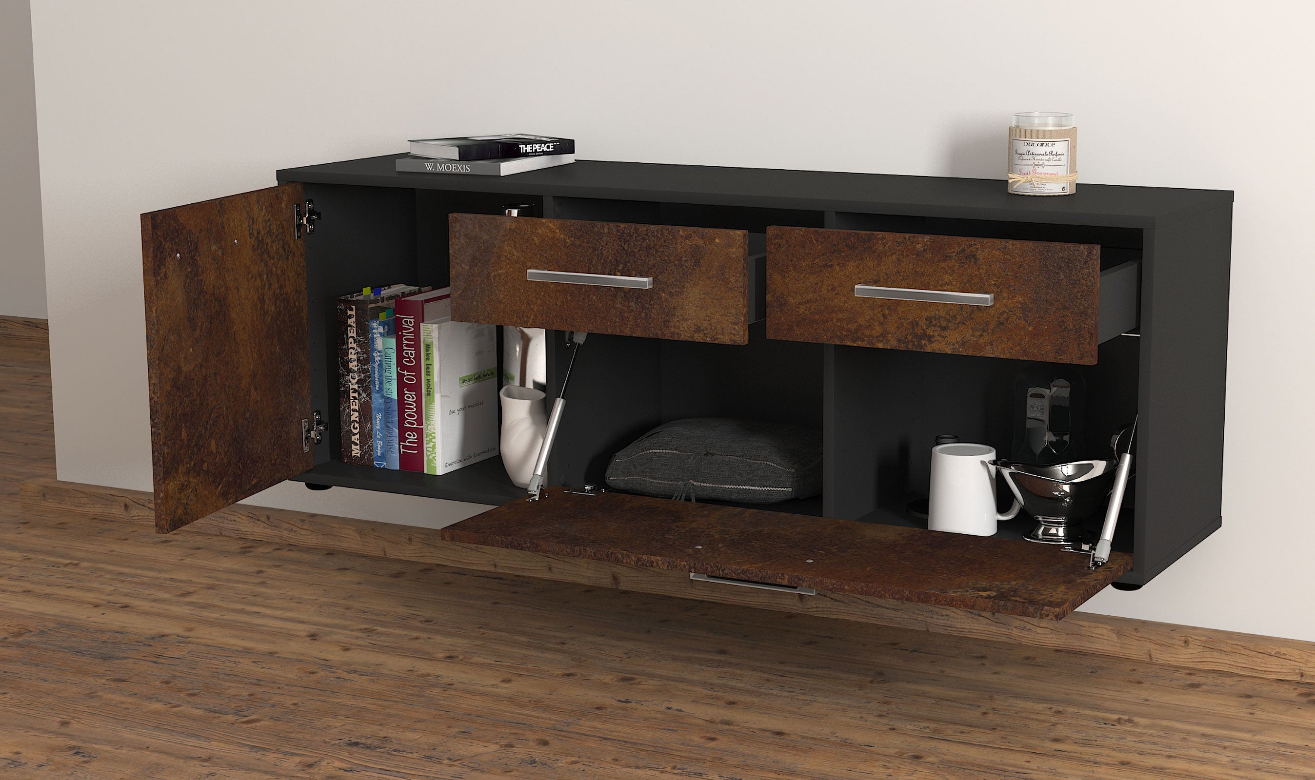 Lowboard - Annabell - Design Industrie Stil - Wandmontage mit Griffe 136 cm Anthrazit