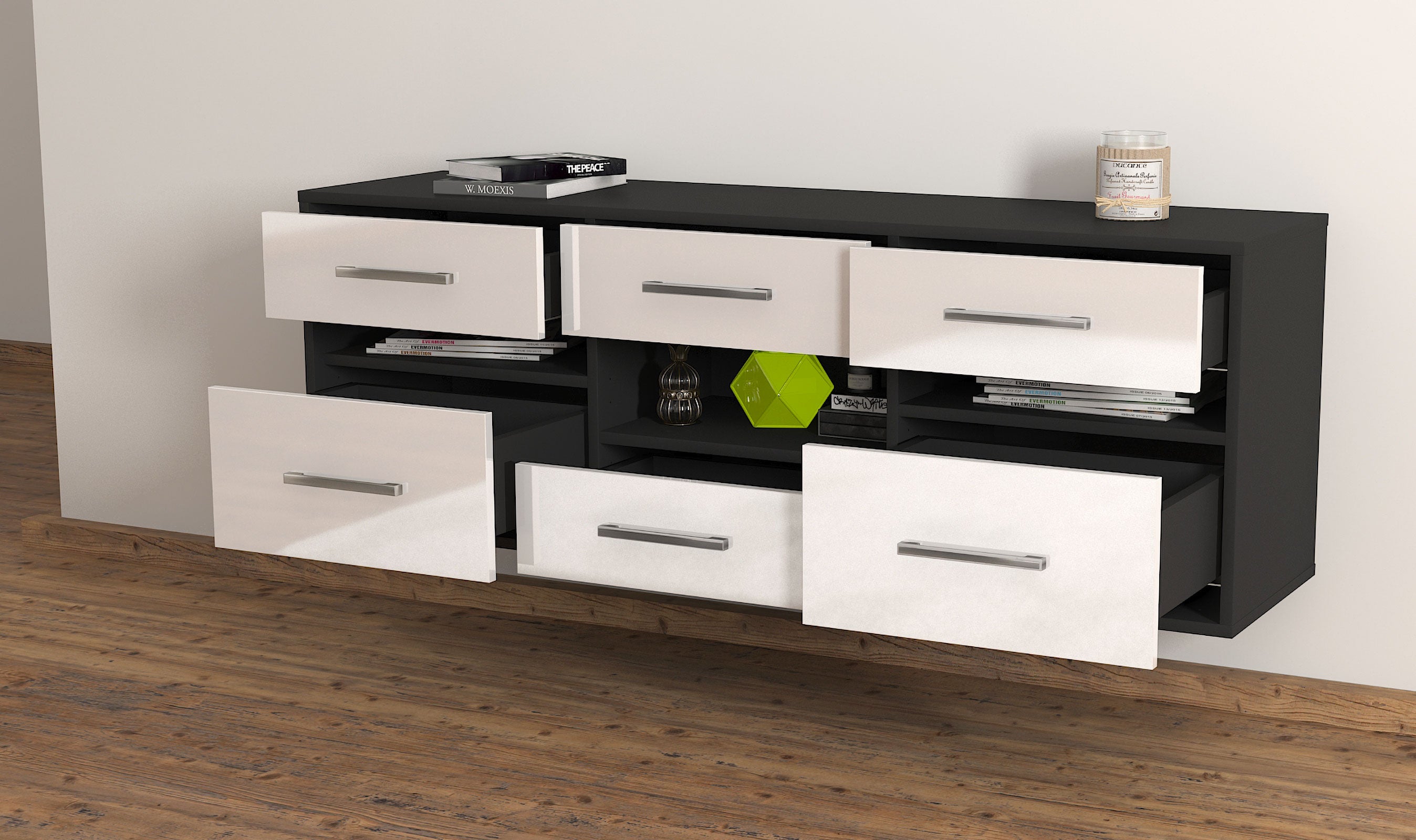Lowboard - Annamaria - Design Hochglanz - Wandmontage mit Griffe 136 cm Anthrazit