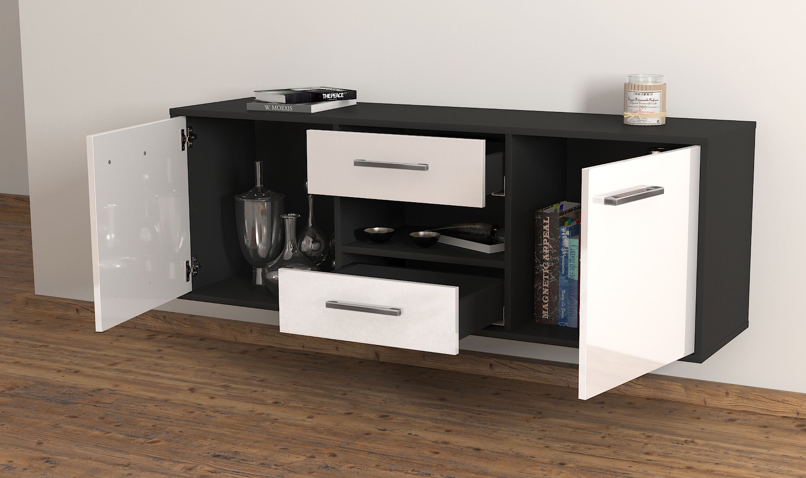 Lowboard - Antonella - Design Hochglanz - Wandmontage mit Griffe 136 cm Anthrazit