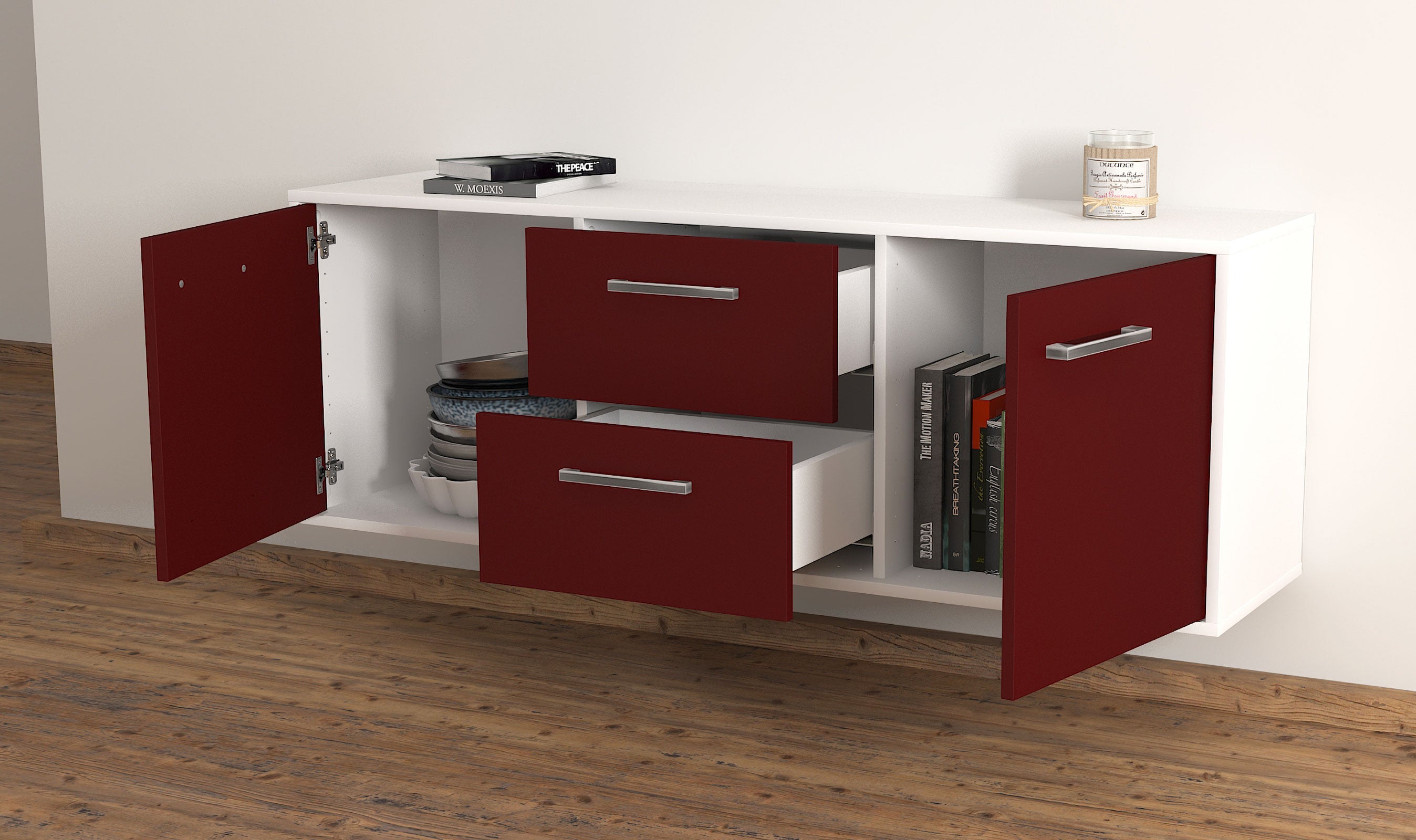 Lowboard - Alma - Design Farbakzent - Wandmontage mit Griffe 136 cm Weiss