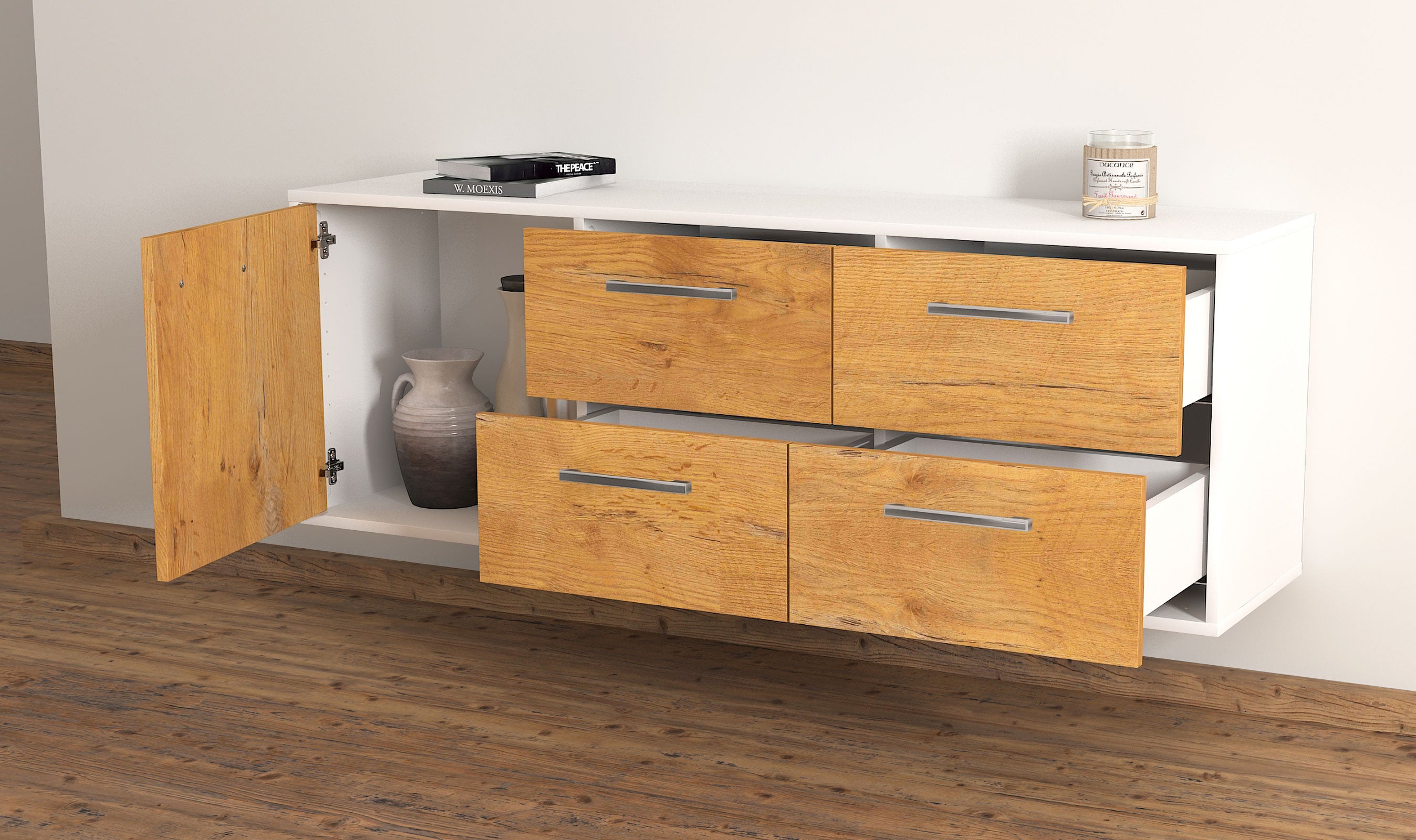 Lowboard - Aloisia - Design Holzdekor - Wandmontage mit Griffe 136 cm Weiss