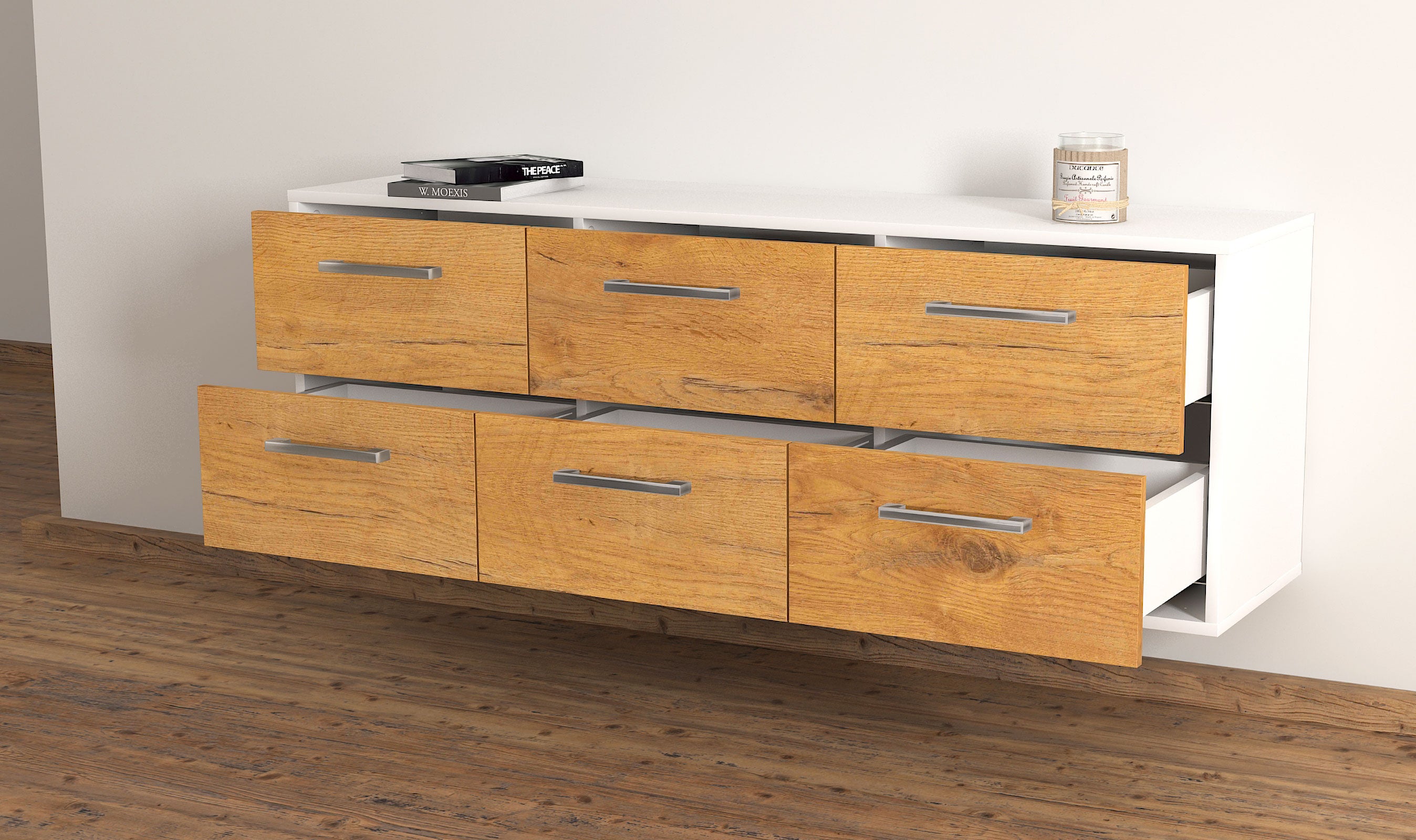 Lowboard - Alva - Design Holzdekor - Wandmontage mit Griffe 136 cm Weiss