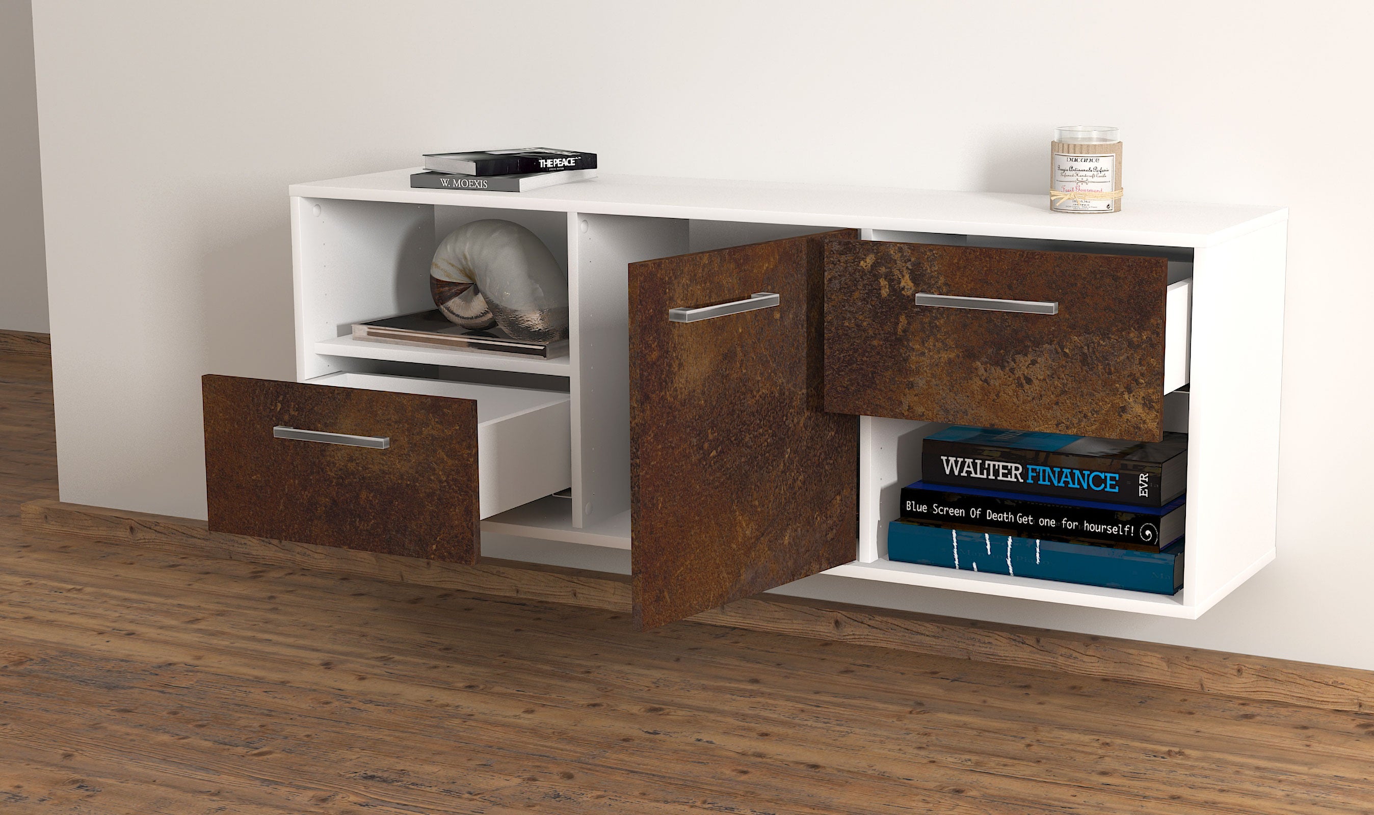 Lowboard - Ambra - Design Industrie Stil - Wandmontage mit Griffe 136 cm Weiss