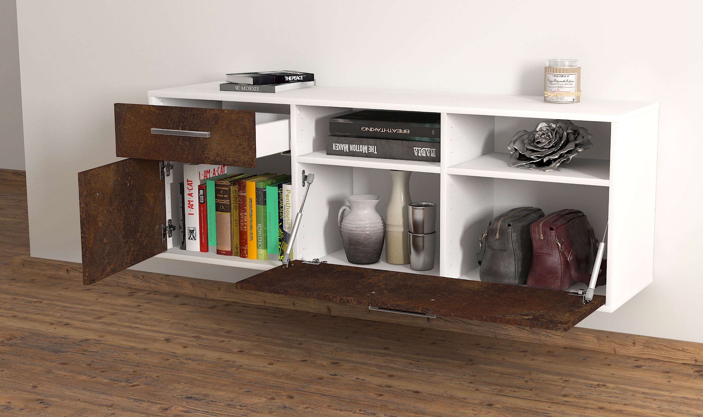 Lowboard - Amisa - Design Industrie Stil - Wandmontage mit Griffe 136 cm Weiss