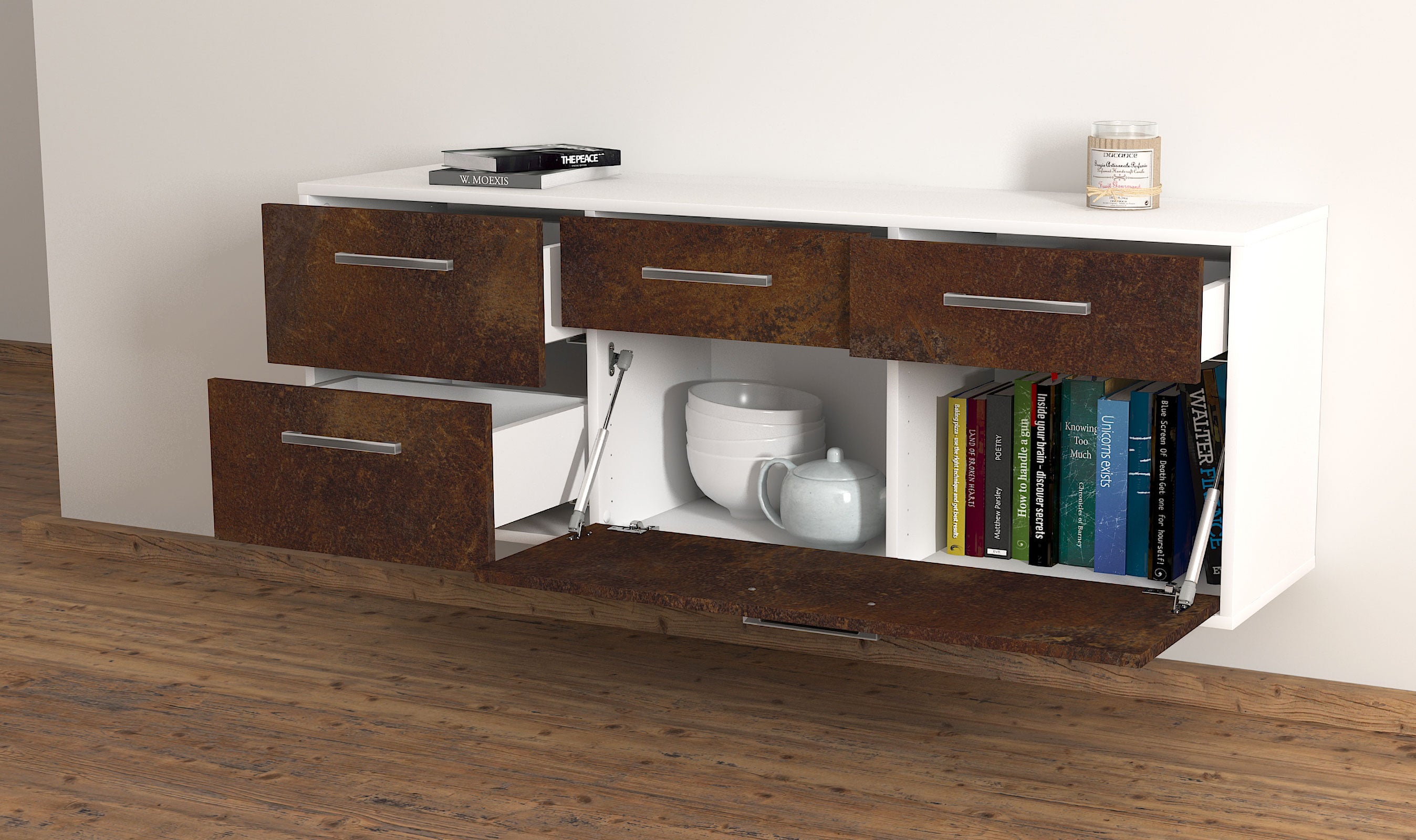 Lowboard - Anais - Design Industrie Stil - Wandmontage mit Griffe 136 cm Weiss