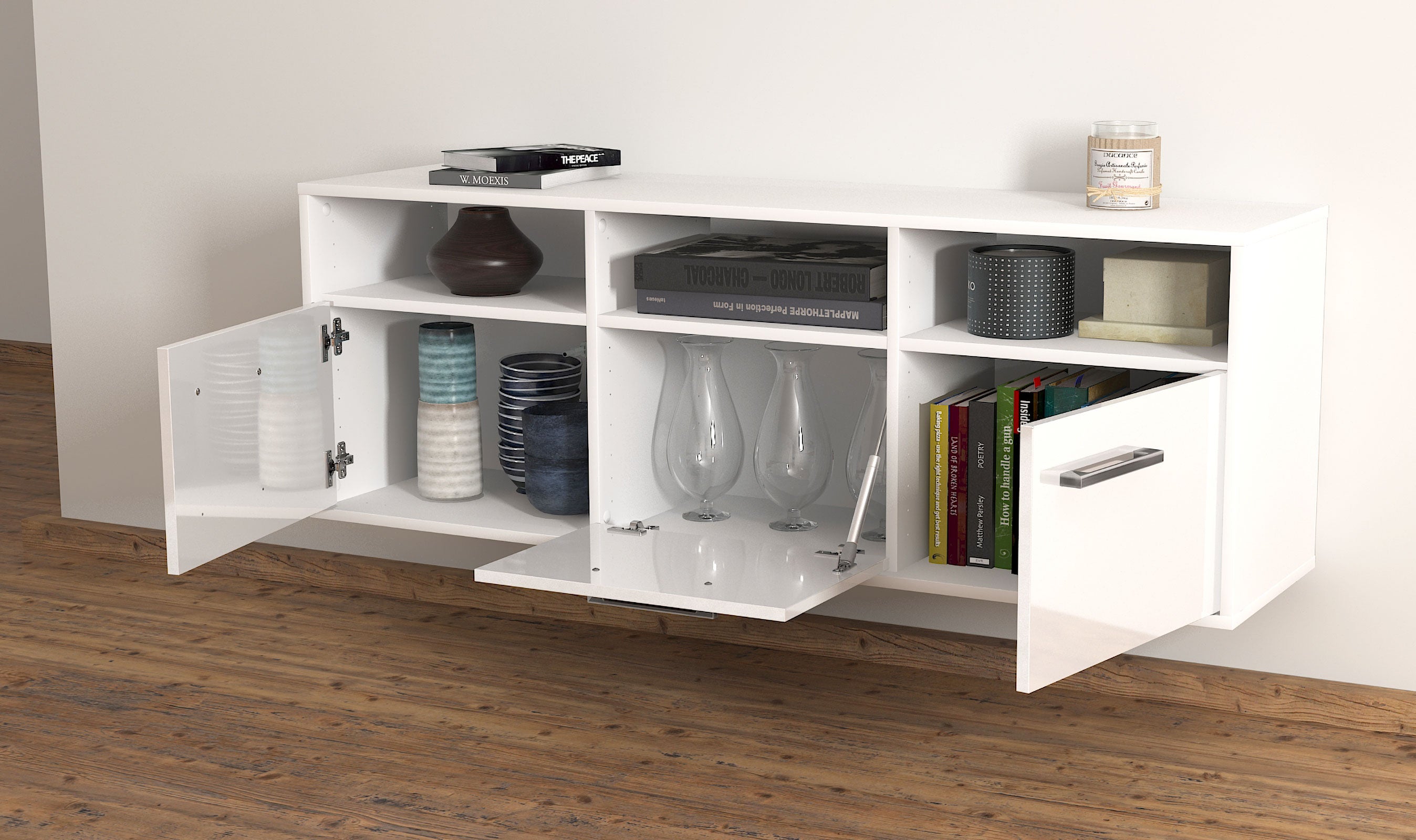Lowboard - Andrina - Design Hochglanz - Wandmontage mit Griffe 136 cm Weiss