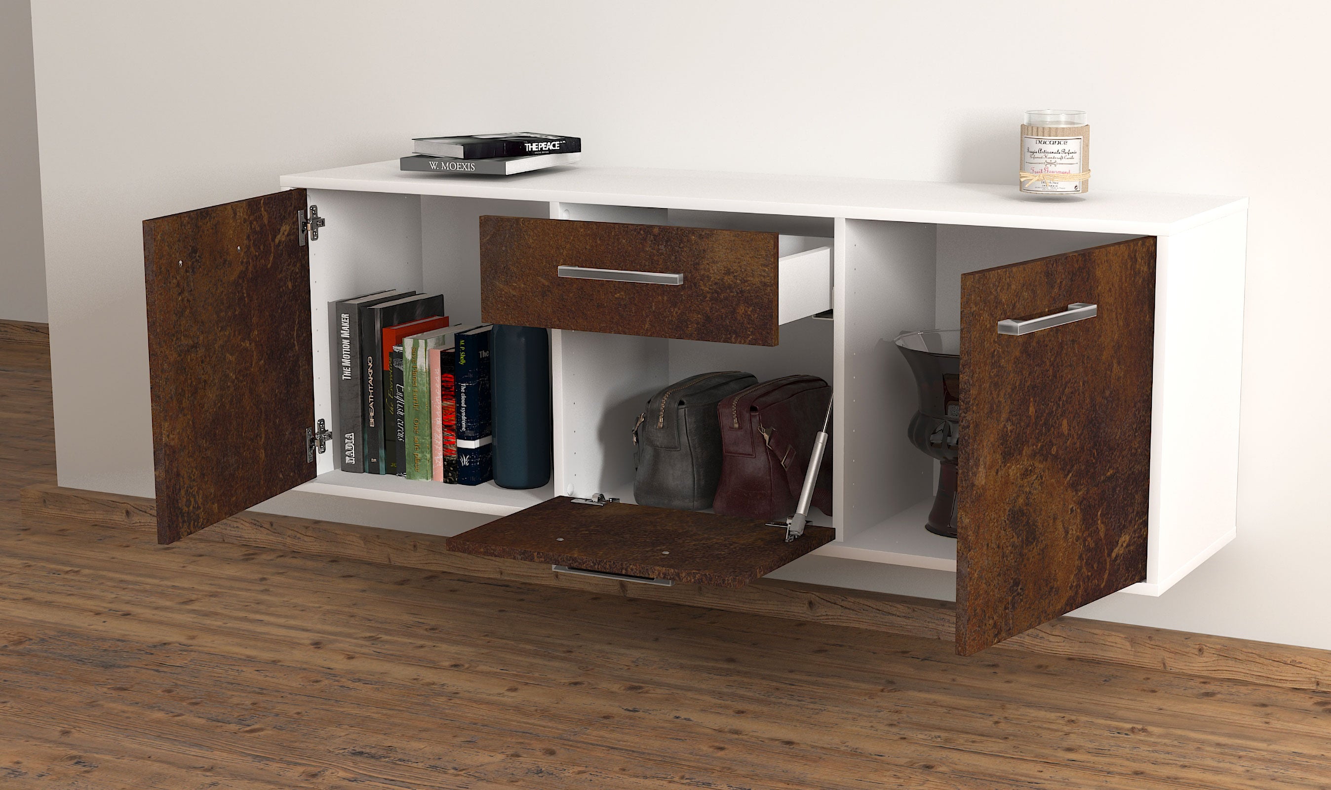 Lowboard - Anella - Design Industrie Stil - Wandmontage mit Griffe 136 cm Weiss