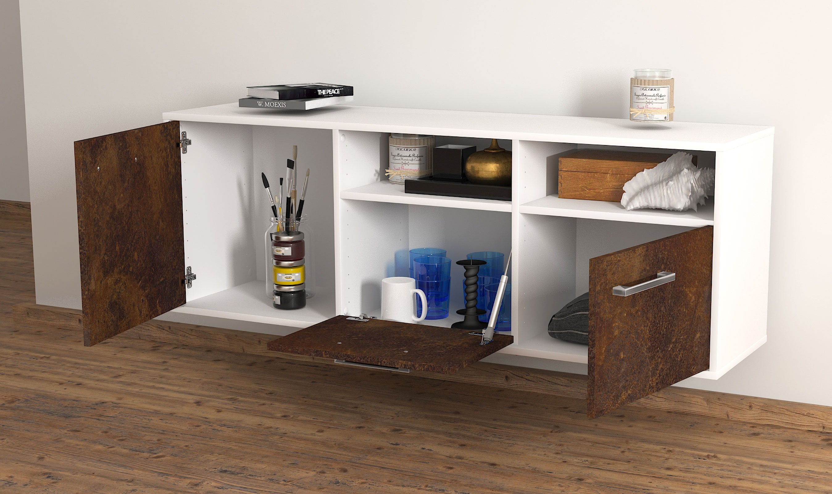 Lowboard - Angelina - Design Industrie Stil - Wandmontage mit Griffe 136 cm Weiss