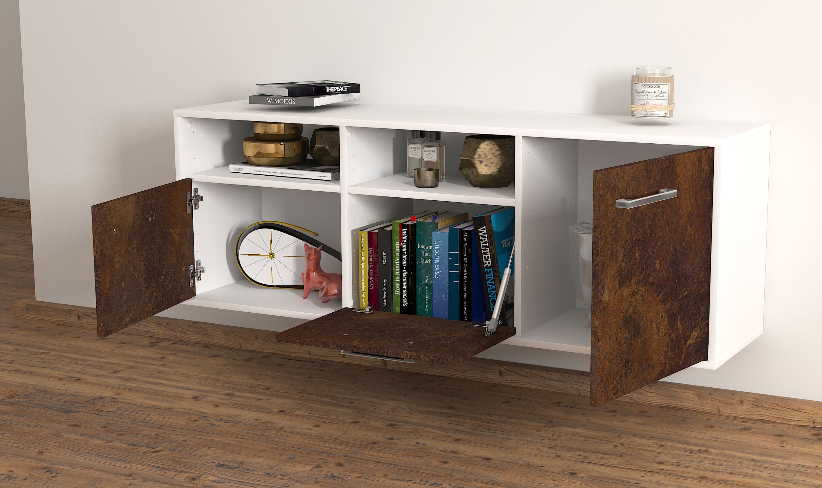 Lowboard - Anina - Design Industrie Stil - Wandmontage mit Griffe 136 cm Weiss