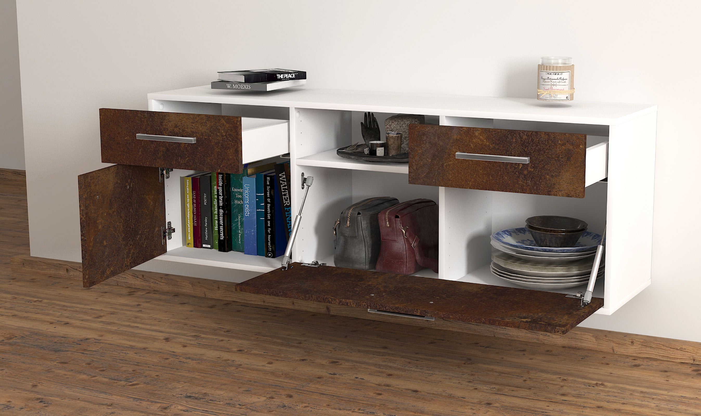 Lowboard - Anita - Design Industrie Stil - Wandmontage mit Griffe 136 cm Weiss