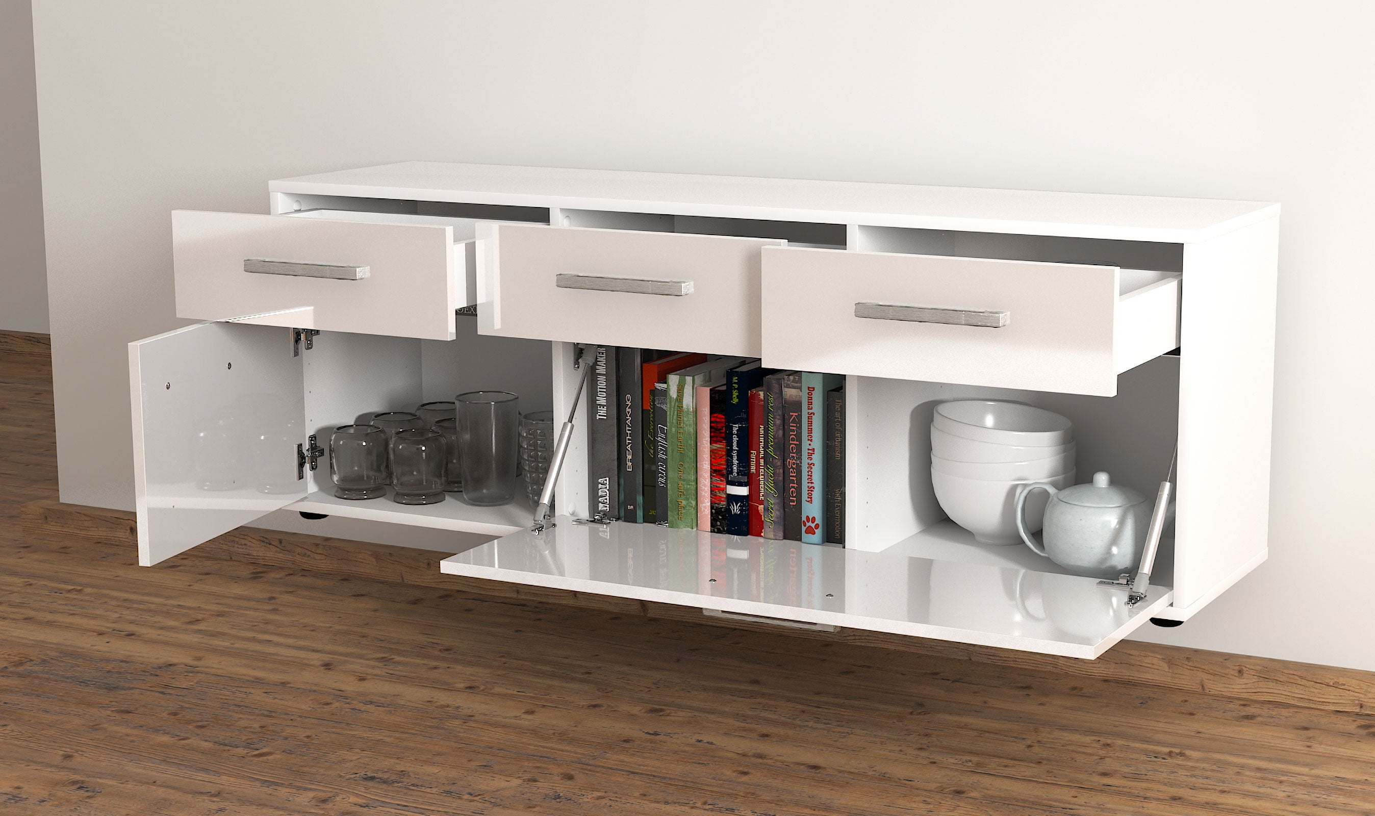 Lowboard - Anjelika - Design Hochglanz - Wandmontage mit Griffe 136 cm Weiss