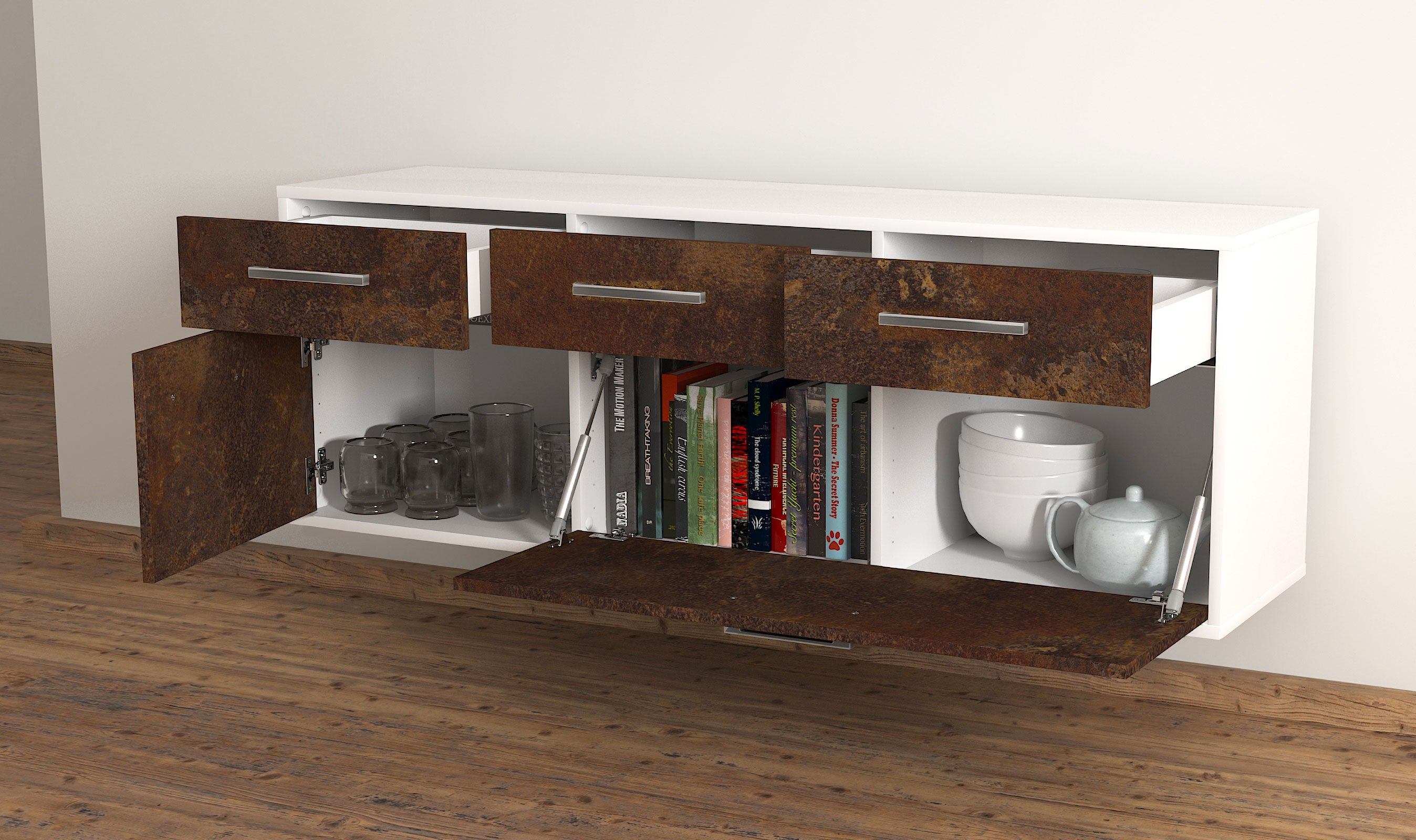 Lowboard - Anjelika - Design Industrie Stil - Wandmontage mit Griffe 136 cm Weiss