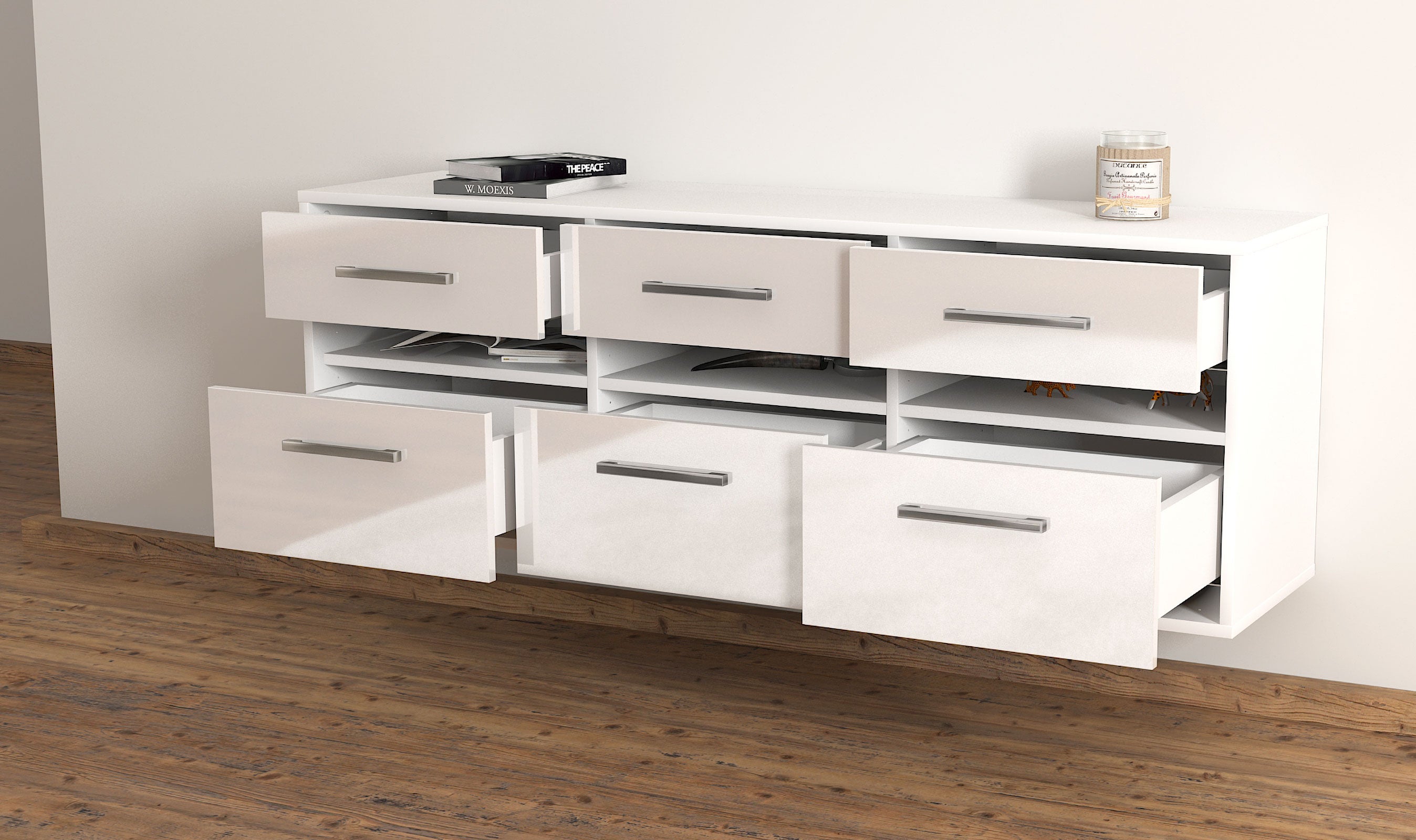 Lowboard - Annalena - Design Hochglanz - Wandmontage mit Griffe 136 cm Weiss