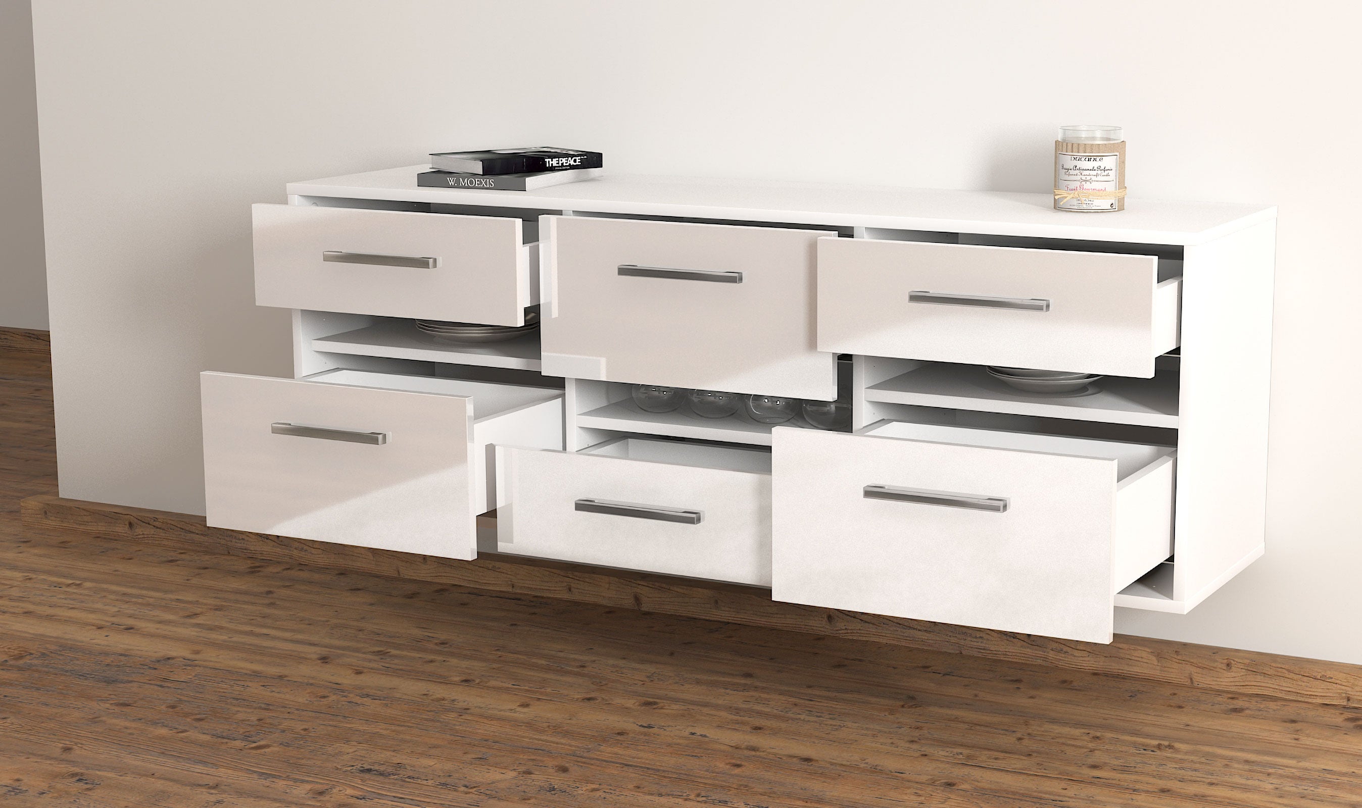 Lowboard - Annalisa - Design Hochglanz - Wandmontage mit Griffe 136 cm Weiss
