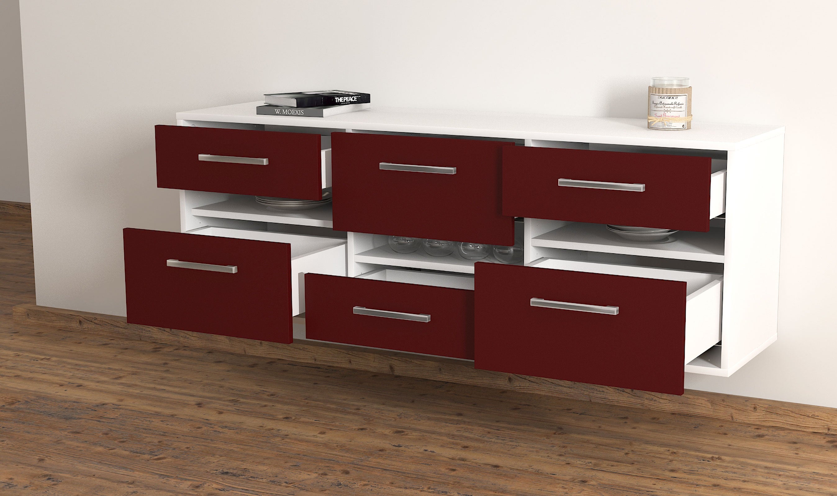 Lowboard - Annalisa - Design Farbakzent - Wandmontage mit Griffe 136 cm Weiss