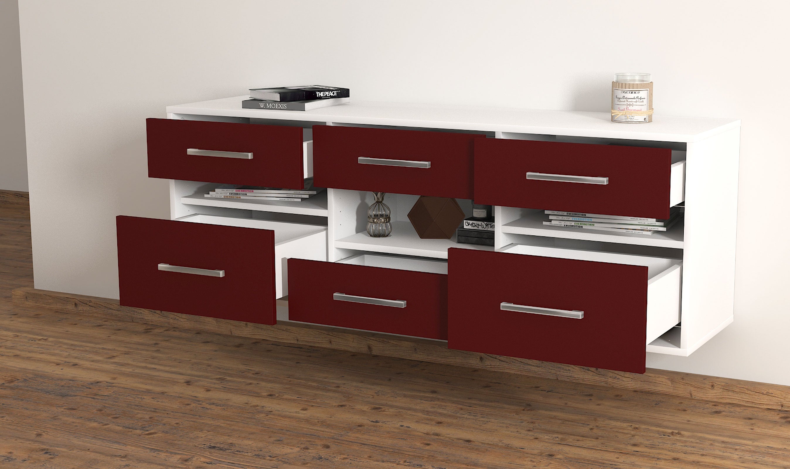 Lowboard - Annamaria - Design Farbakzent - Wandmontage mit Griffe 136 cm Weiss