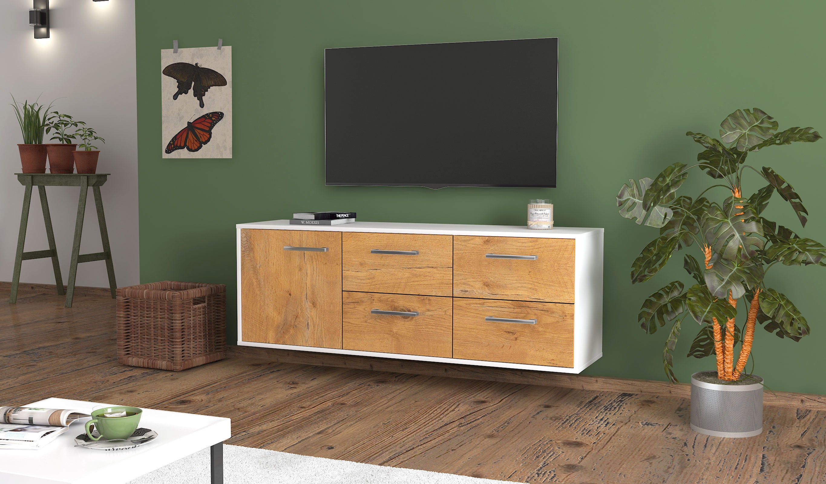 Lowboard - Aloisia - Design Holzdekor - Wandmontage mit Griffe 136 cm Weiss