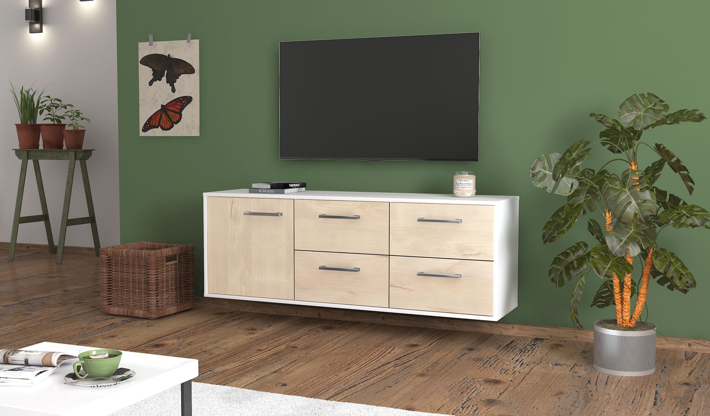 Lowboard - Aloisia - Design Holzdekor - Wandmontage mit Griffe 136 cm Weiss