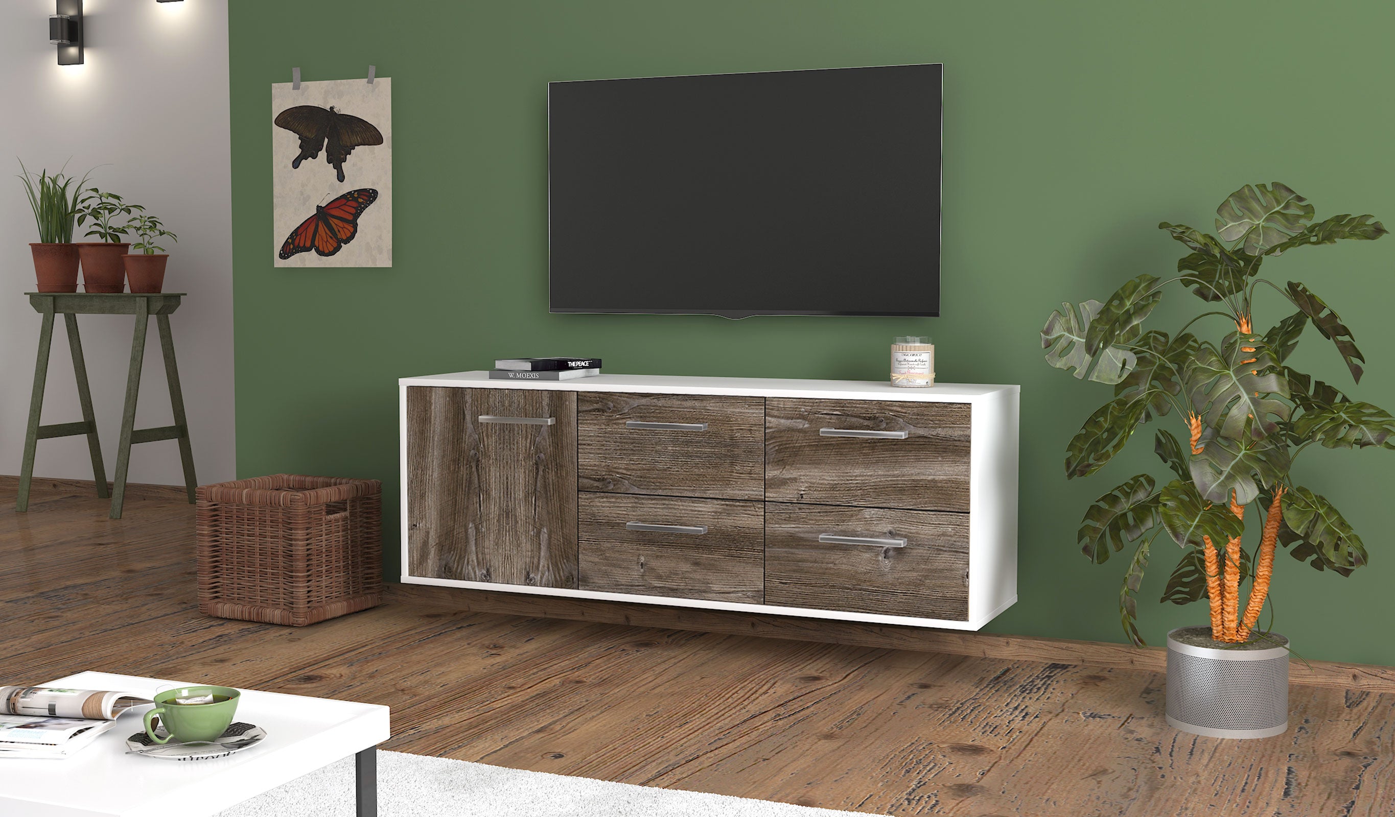 Lowboard - Aloisia - Design Holzdekor - Wandmontage mit Griffe 136 cm Weiss