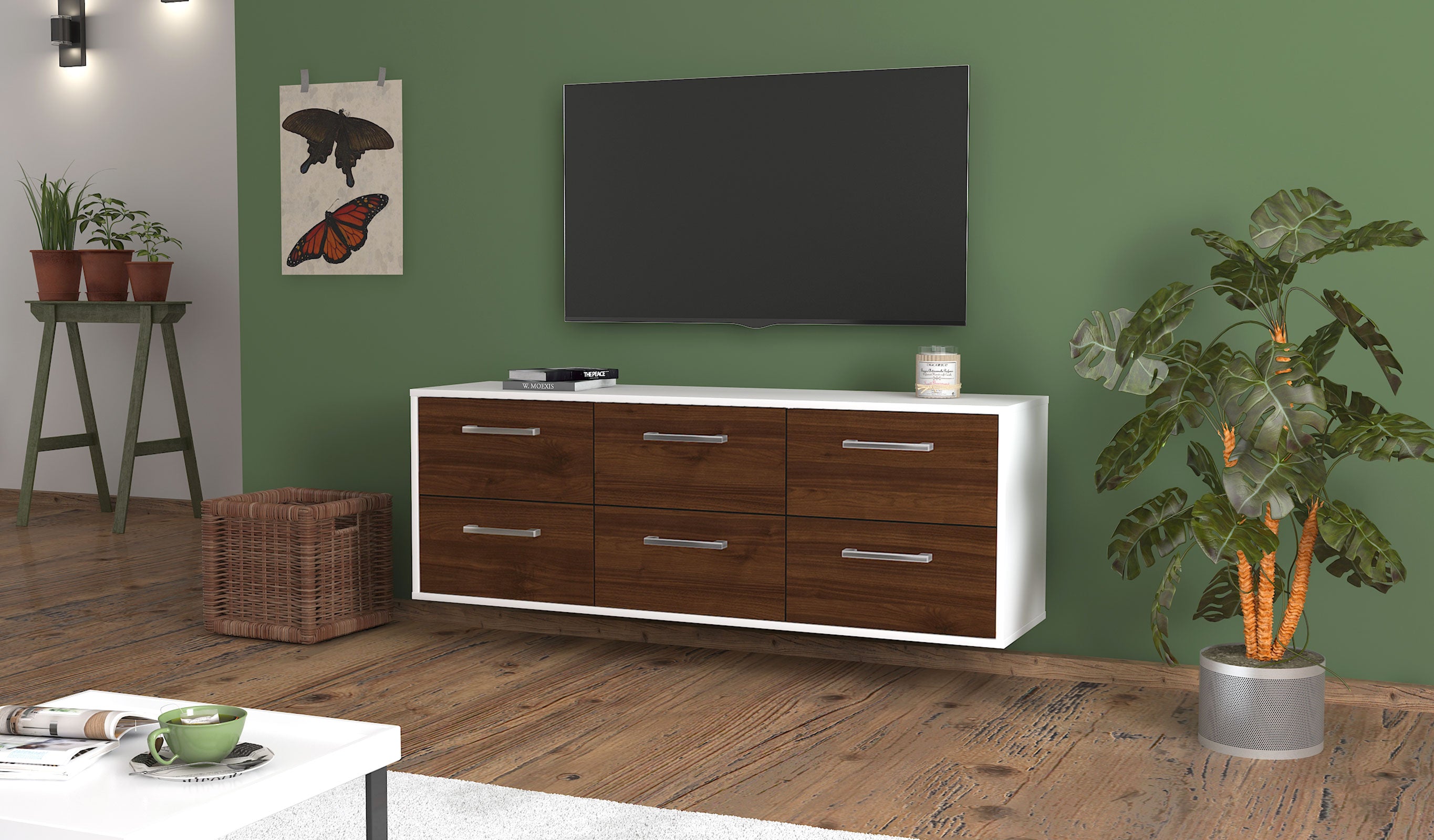 Lowboard - Alva - Design Holzdekor - Wandmontage mit Griffe 136 cm Weiss
