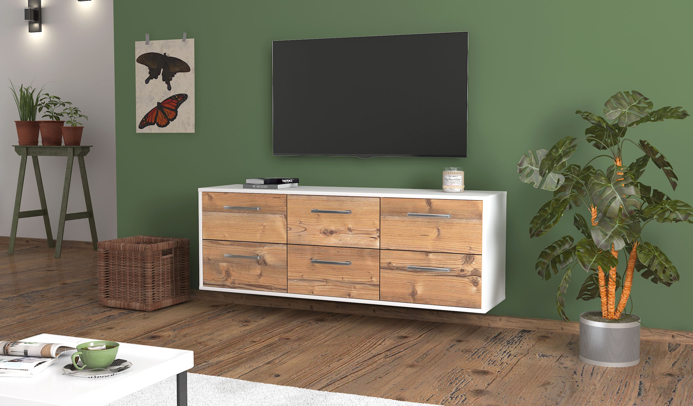 Lowboard - Alva - Design Holzdekor - Wandmontage mit Griffe 136 cm Weiss