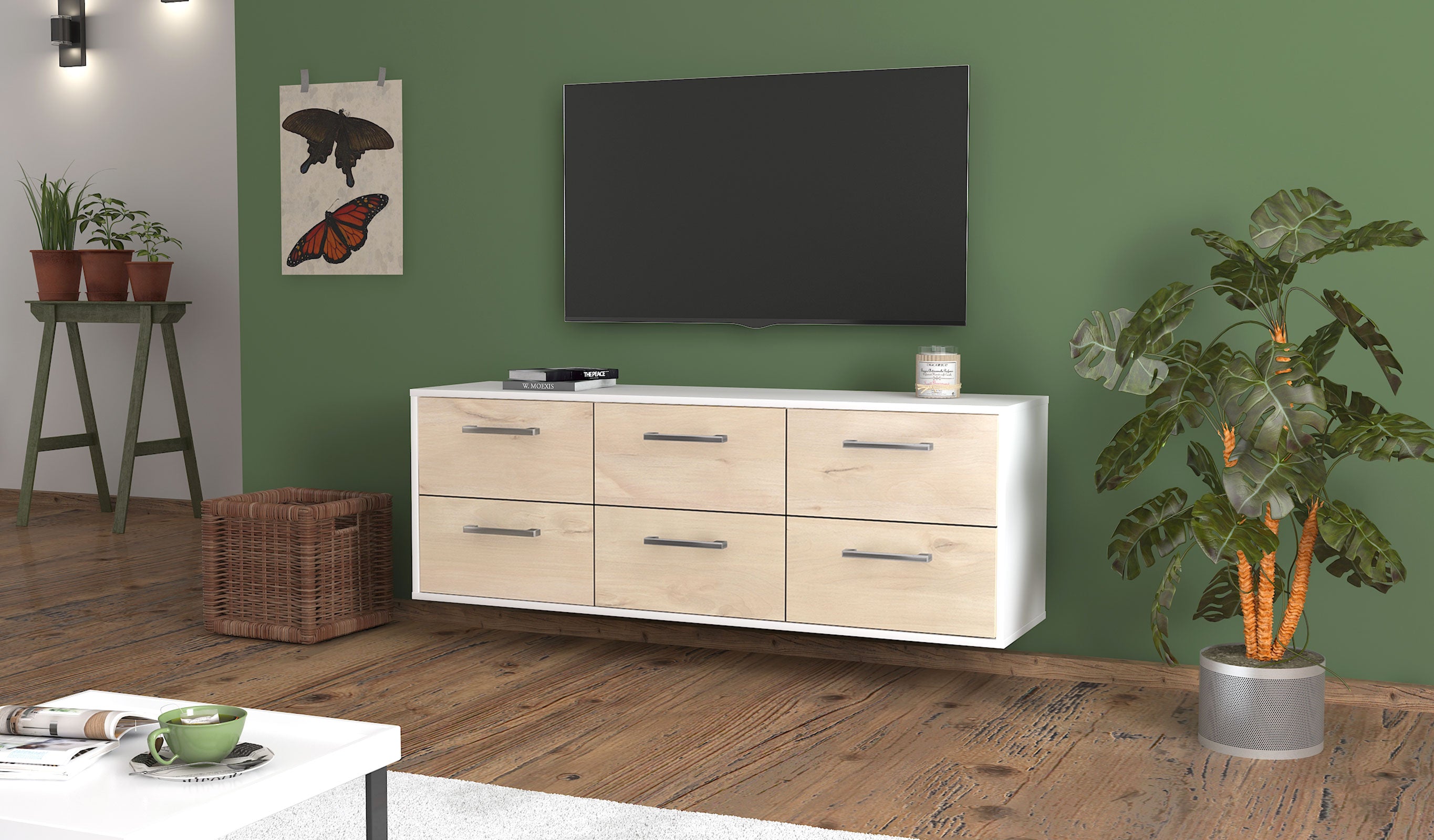 Lowboard - Alva - Design Holzdekor - Wandmontage mit Griffe 136 cm Weiss