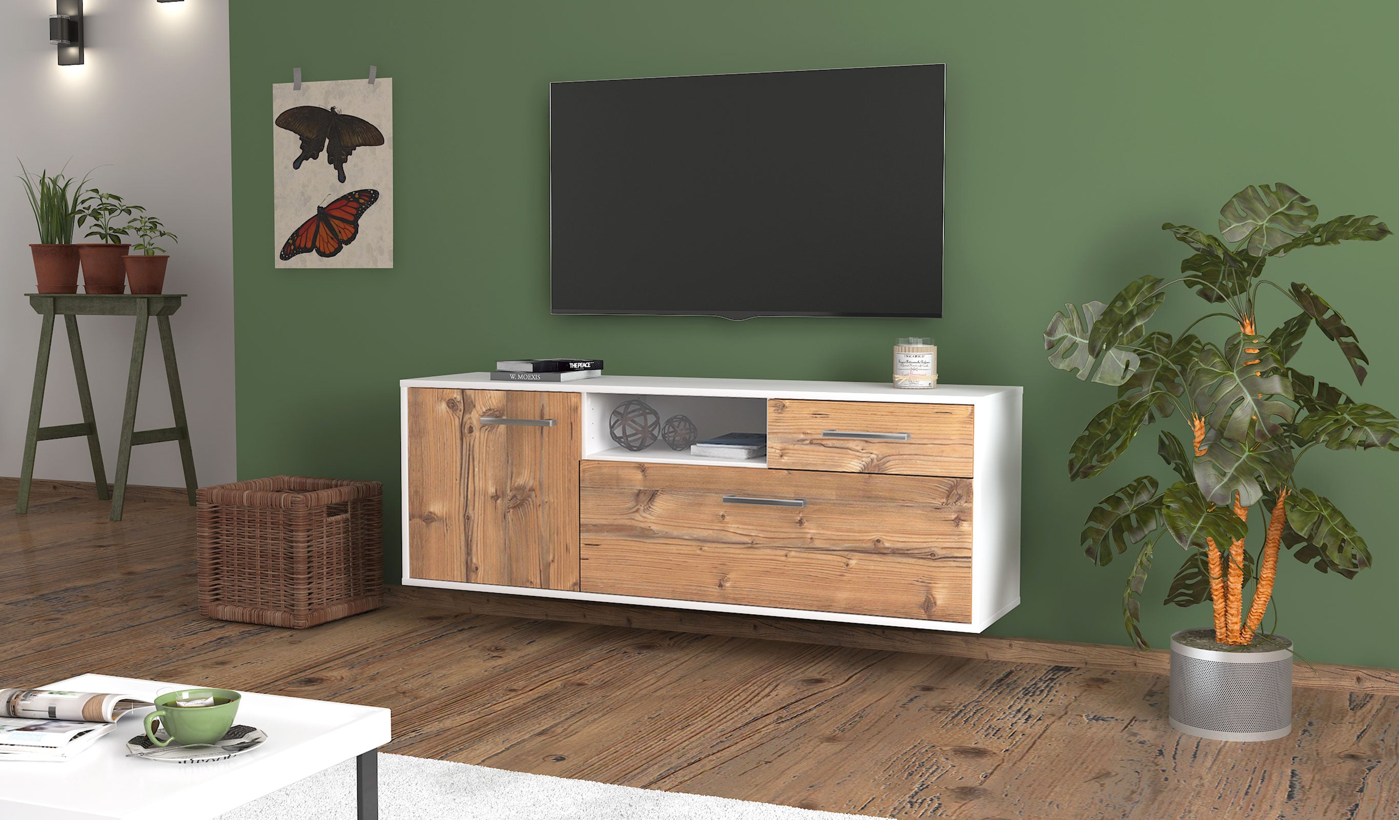 Lowboard - Amila - Design Holzdekor - Wandmontage mit Griffe 136 cm Weiss