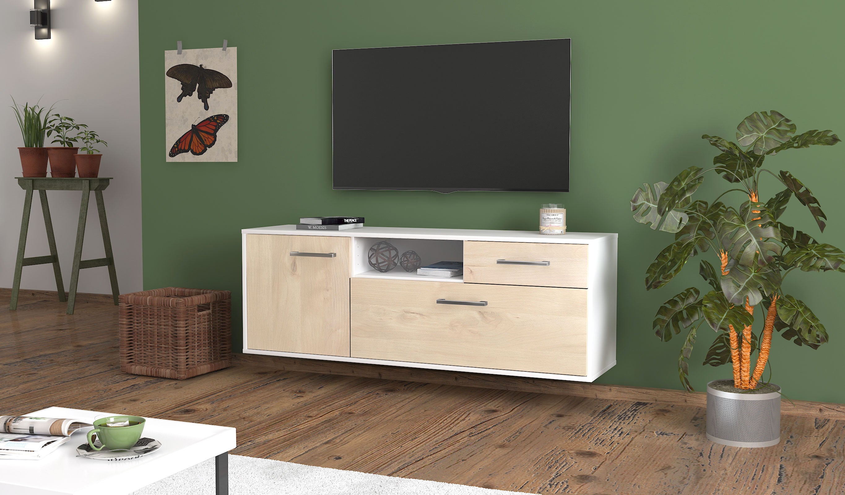 Lowboard - Amila - Design Holzdekor - Wandmontage mit Griffe 136 cm Weiss