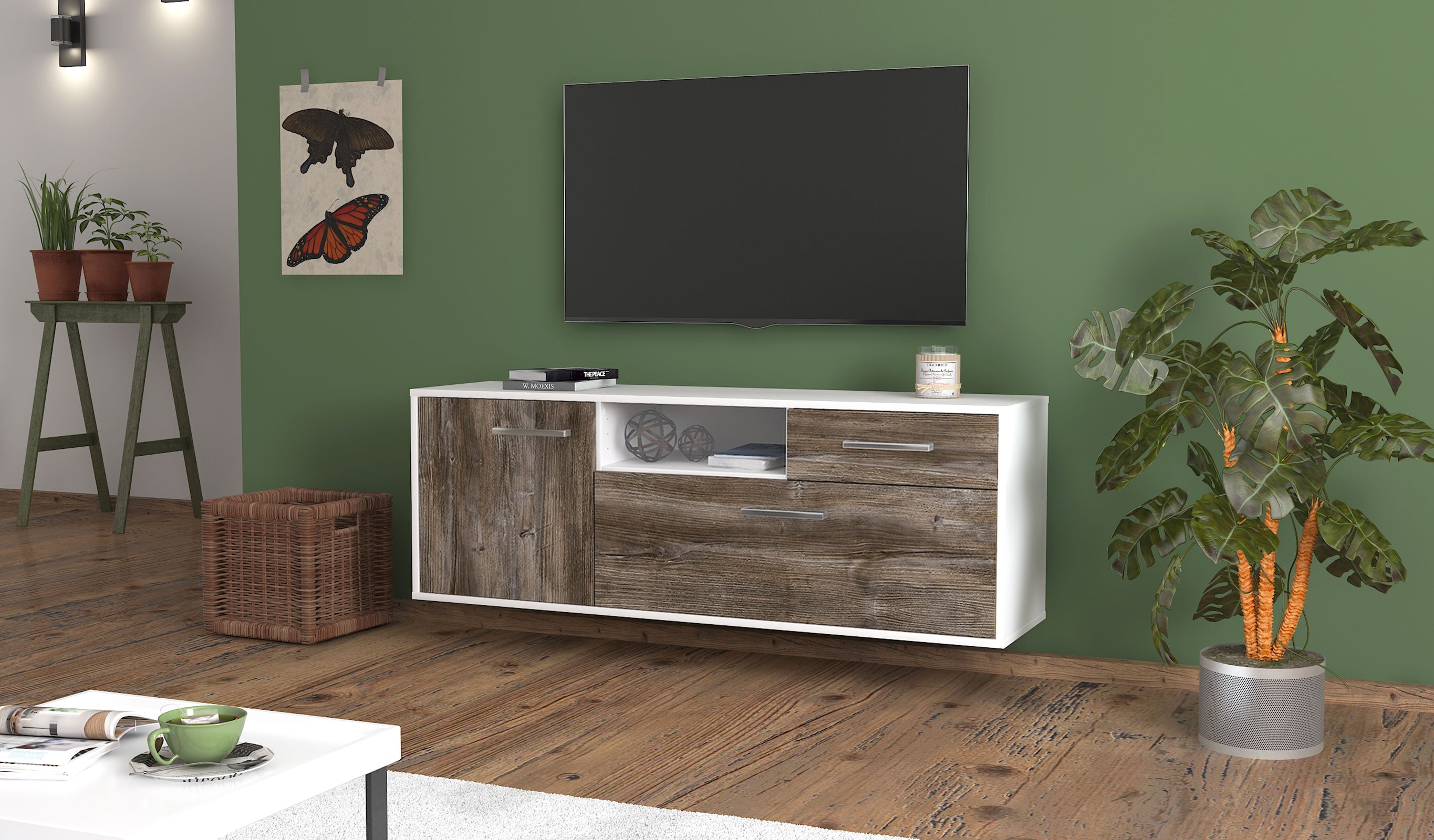 Lowboard - Amila - Design Holzdekor - Wandmontage mit Griffe 136 cm Weiss